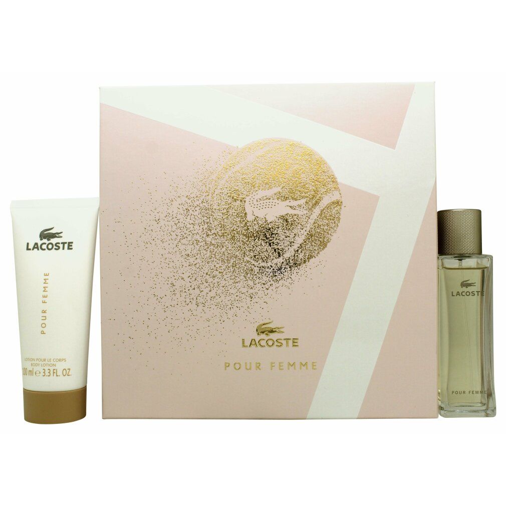 Lacoste Pour Femme Geschenkset. Enthält eine Tube Körperlotion, eine Parfümflasche und eine Geschenkbox mit Logo.