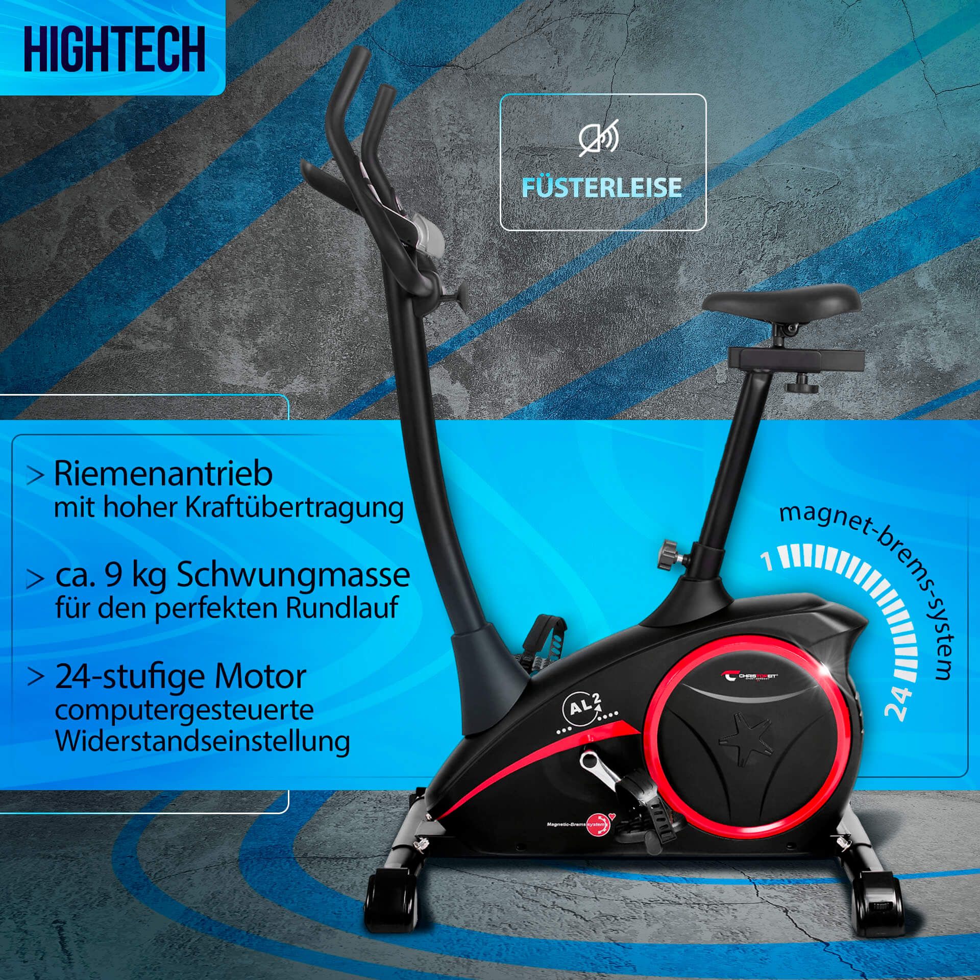 Ergometer AL 2 S DIGITAL, schwarz. Riemenantrieb, ca. 9 kg Schwungmasse, 24-stufige Widerstandseinstellung. Magnet-Bremssystem.