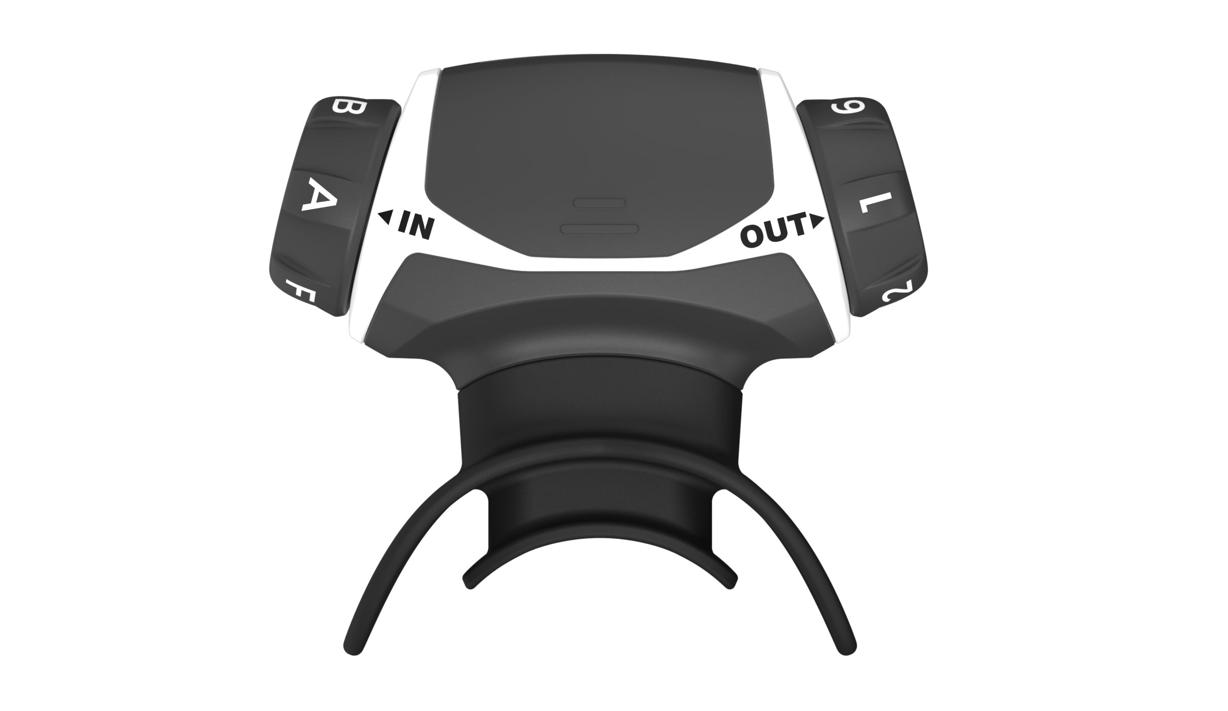 Atemtrainer, schwarz-weiß. Mit Drehreglern, Markierungen 'IN' und 'OUT'. Mundstück mit zwei gebogenen Teilen.