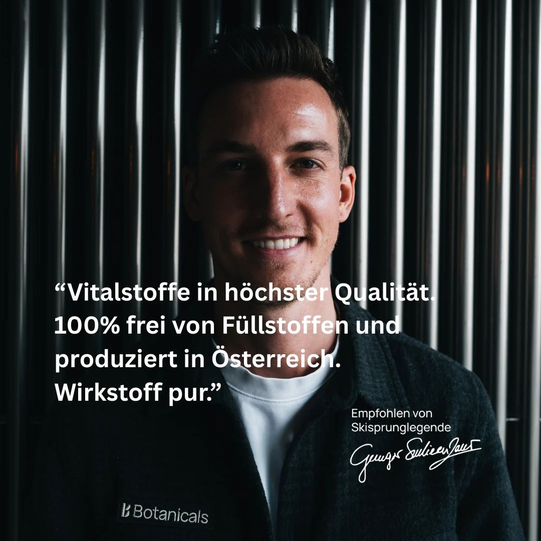 Mann lächelt. Text: Vitalstoffe in höchster Qualität. 100% frei von Füllstoffen und produziert in Österreich. Wirkstoff pur. Empfohlen von Georg Spilker-Jentz.