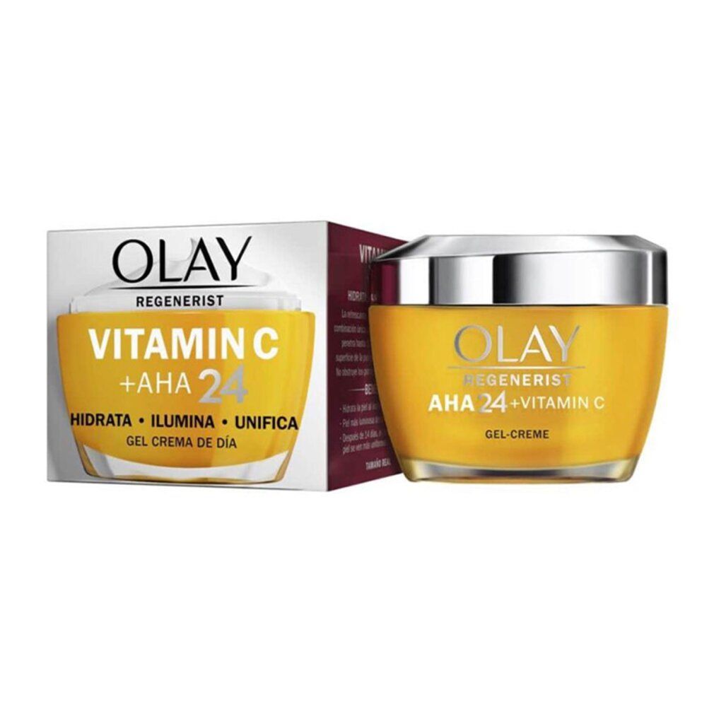 Olay Regenerist Vitamin C + AHA 24 Tagescreme. Gelbe Creme in Glas, silberner Deckel. Karton mit Produktinformationen.