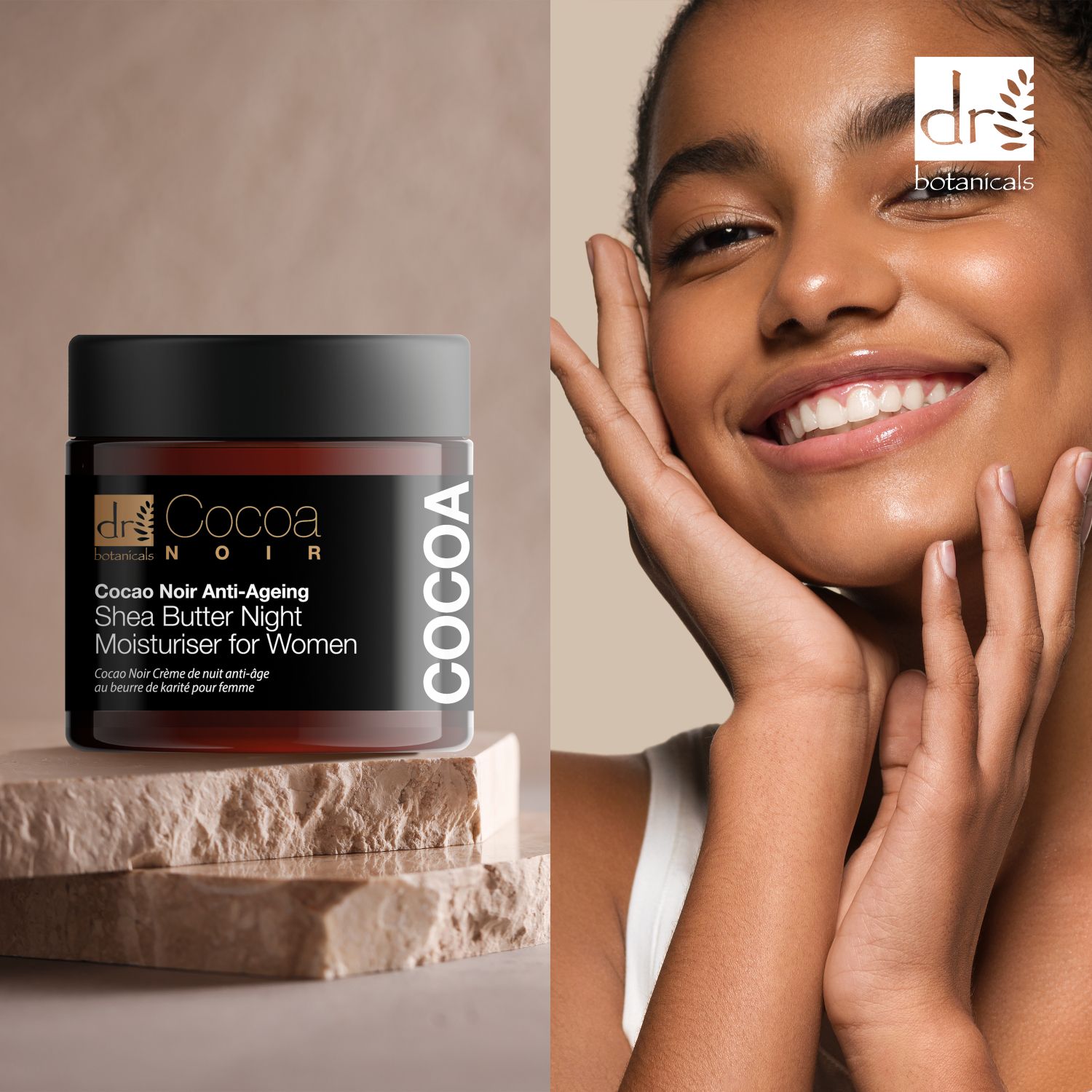 Creme-Tiegel auf Steinen. Frau berührt Gesicht. Aufschrift: Cocoa Noir Anti-Ageing Shea Butter Night Moisturiser for Women.