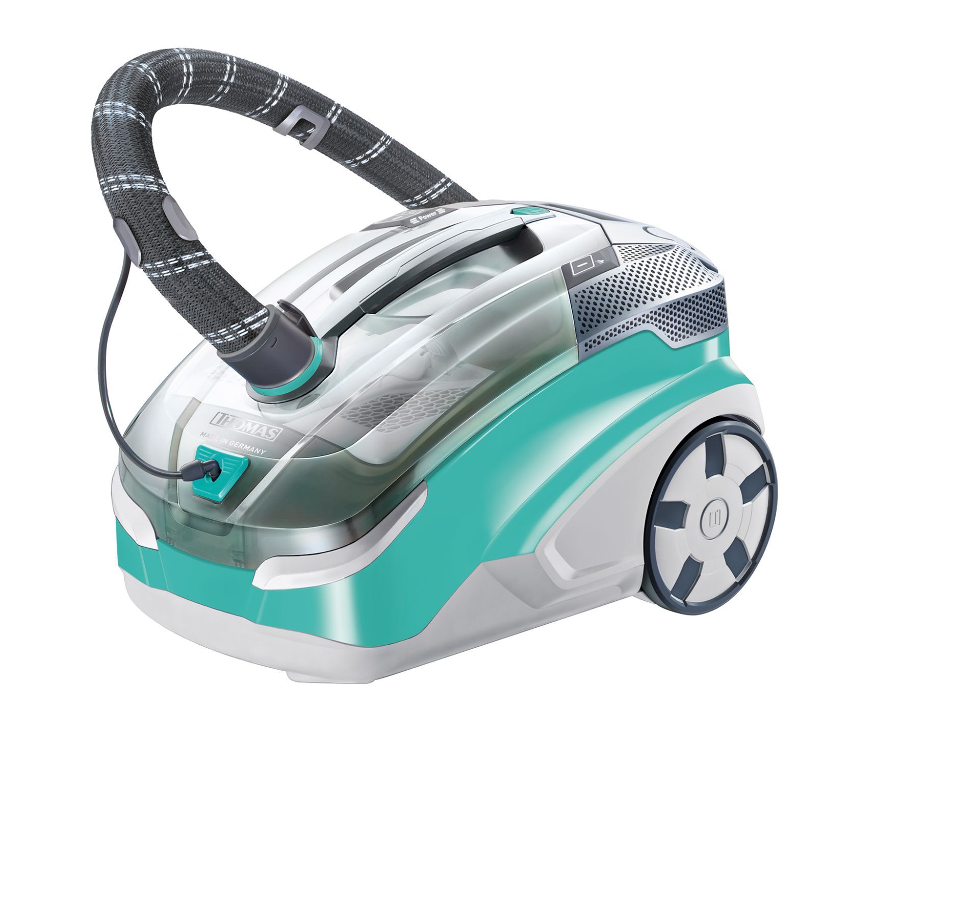 Aqua+ Multi Clean X10 Parquet. Türkis-weißer Staubsauger mit Schlauch und Griff. Räder an der Seite.