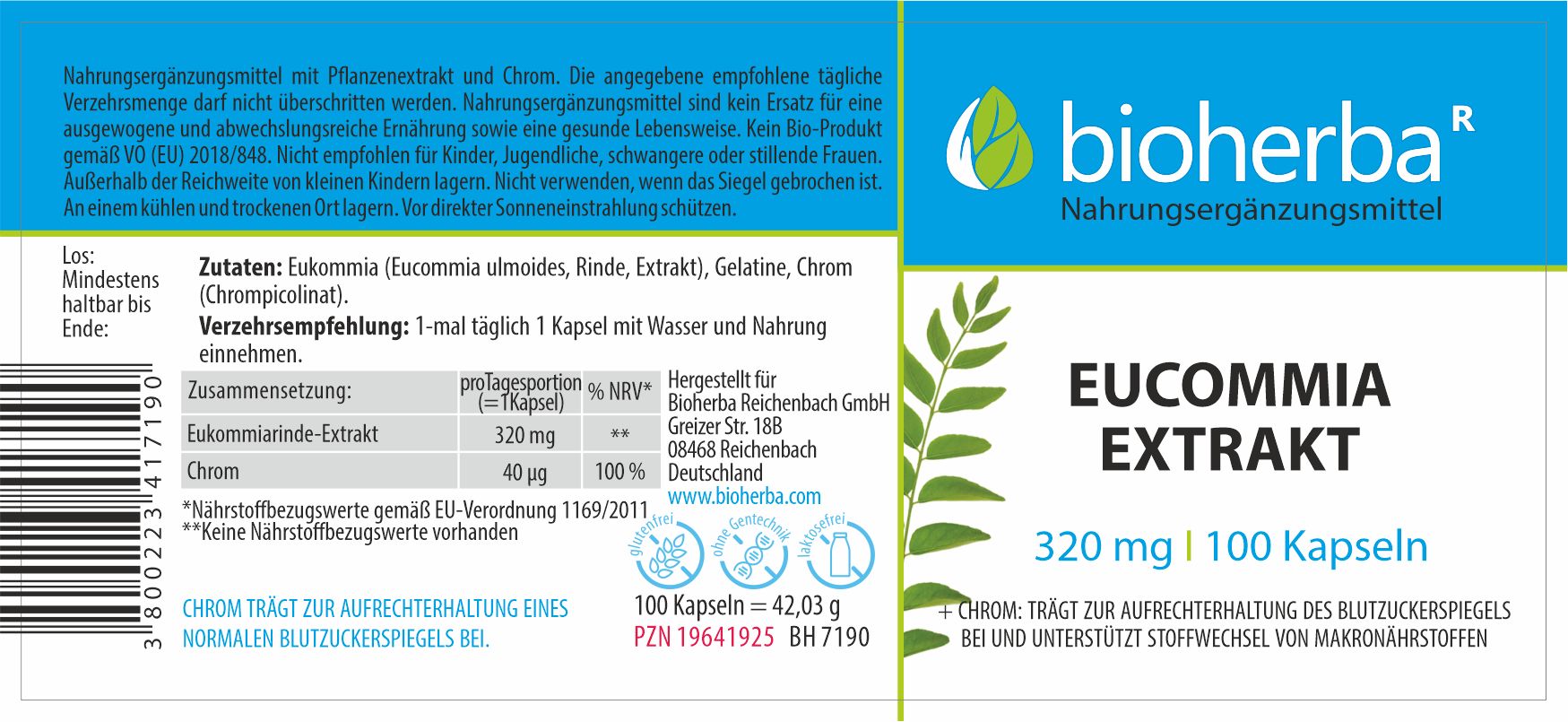 Etikett mit blauem Streifen und weißer Schrift. Enthält Informationen zu Inhaltsstoffen und Dosierung. Aufschrift: Eucommia Extrakt, 100 Kapseln.