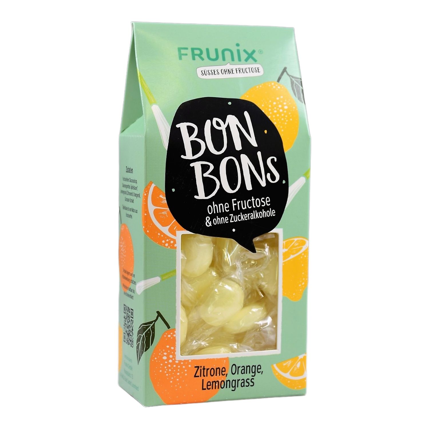 Verpackung von Frunix Bonbons. Grün-weiß, mit Orangen- und Zitronen-Illustrationen. Sichtfenster mit Bonbons. Aufschrift: Bon Bons, ohne Fructose & Zuckeralkohole.