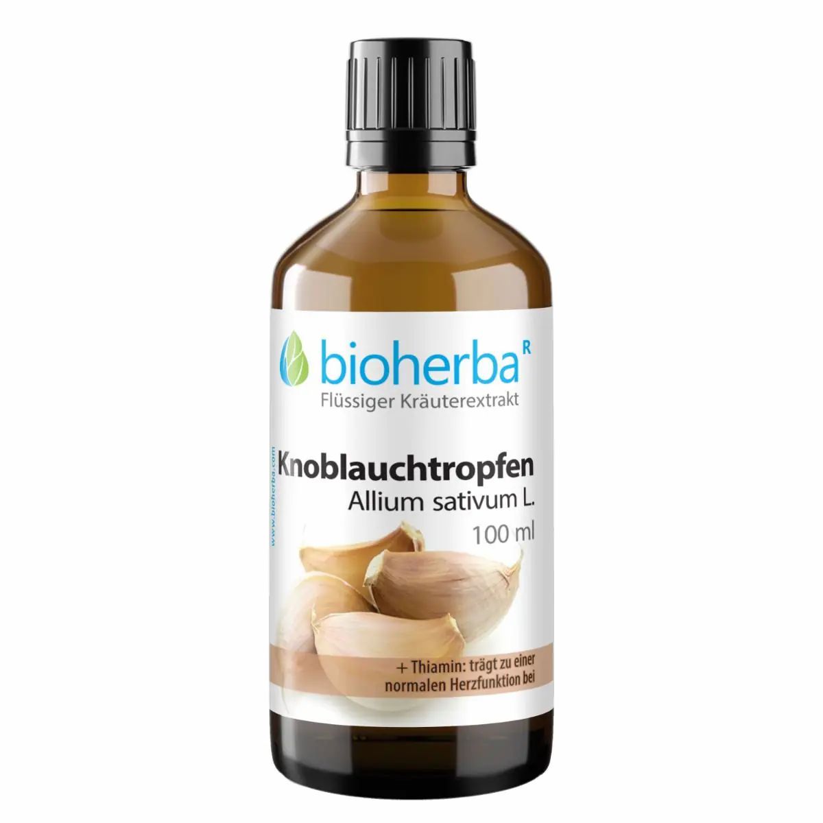 Braune Glasflasche mit schwarzem Deckel. Etikett mit Produktname, Knoblauch-Illustration und "Bioherba" Logo.