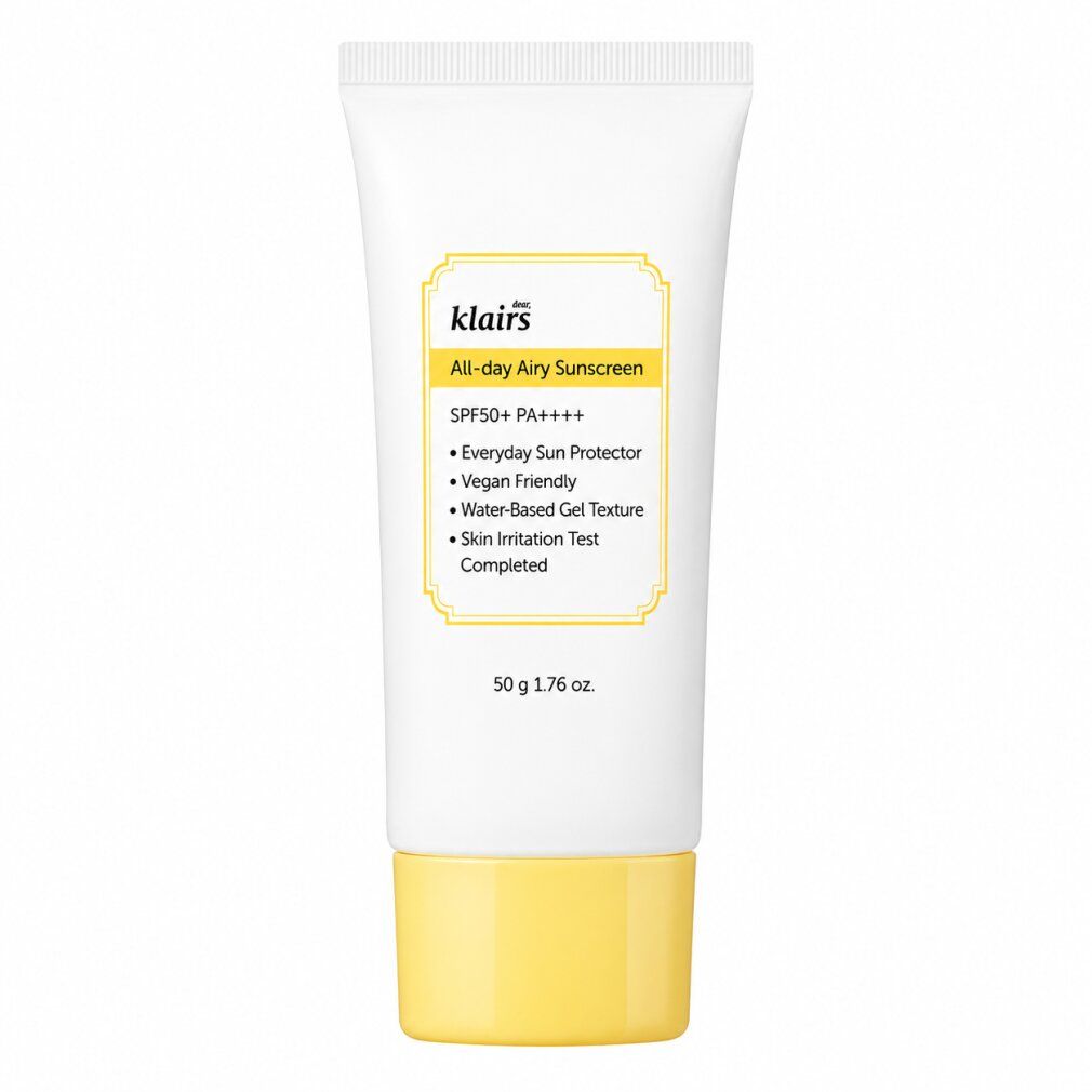 Weiße Tube mit gelbem Verschluss, Klairs All-day Airy Sunscreen, SPF50+ PA++++, 50g.
