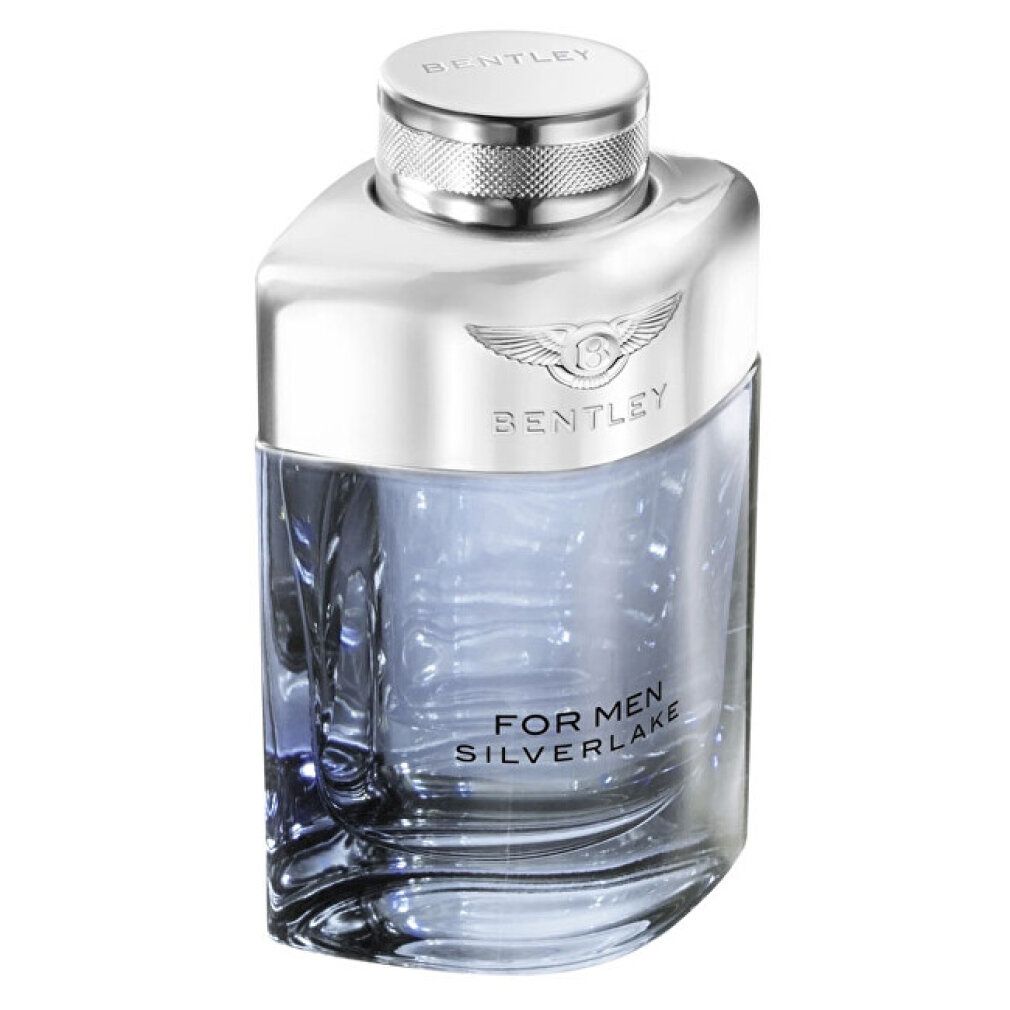 Bentley For Men Silverlake Eau de Parfum Spray. Silberfarbener Flakon mit Logo und Schriftzug. Glasflakon mit silbernem Deckel.