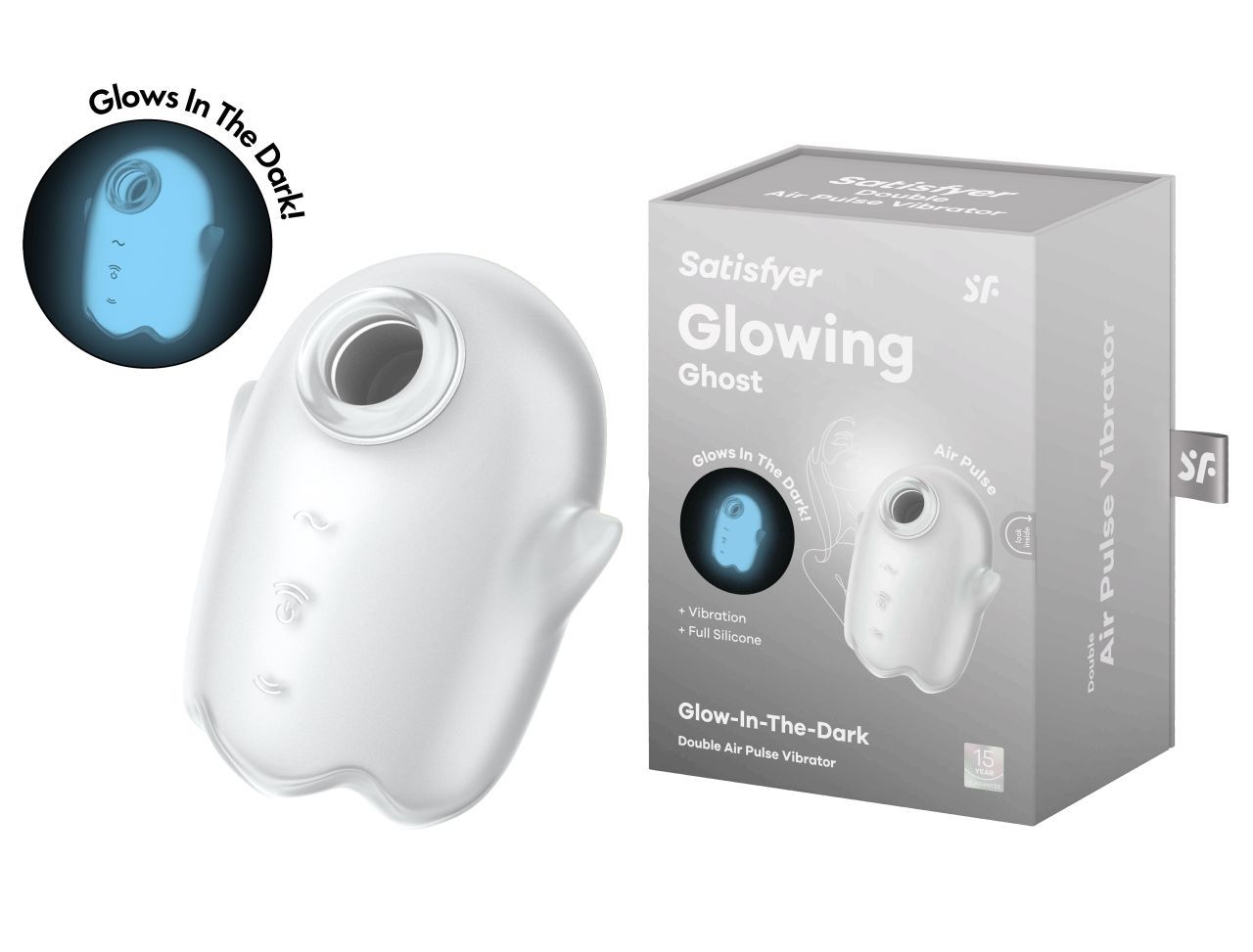 Produkt und Verpackung. Produkt leuchtet blau. Text: Satisfyer Glowing Ghost, Air Pulse Vibrator, Glow-In-The-Dark.