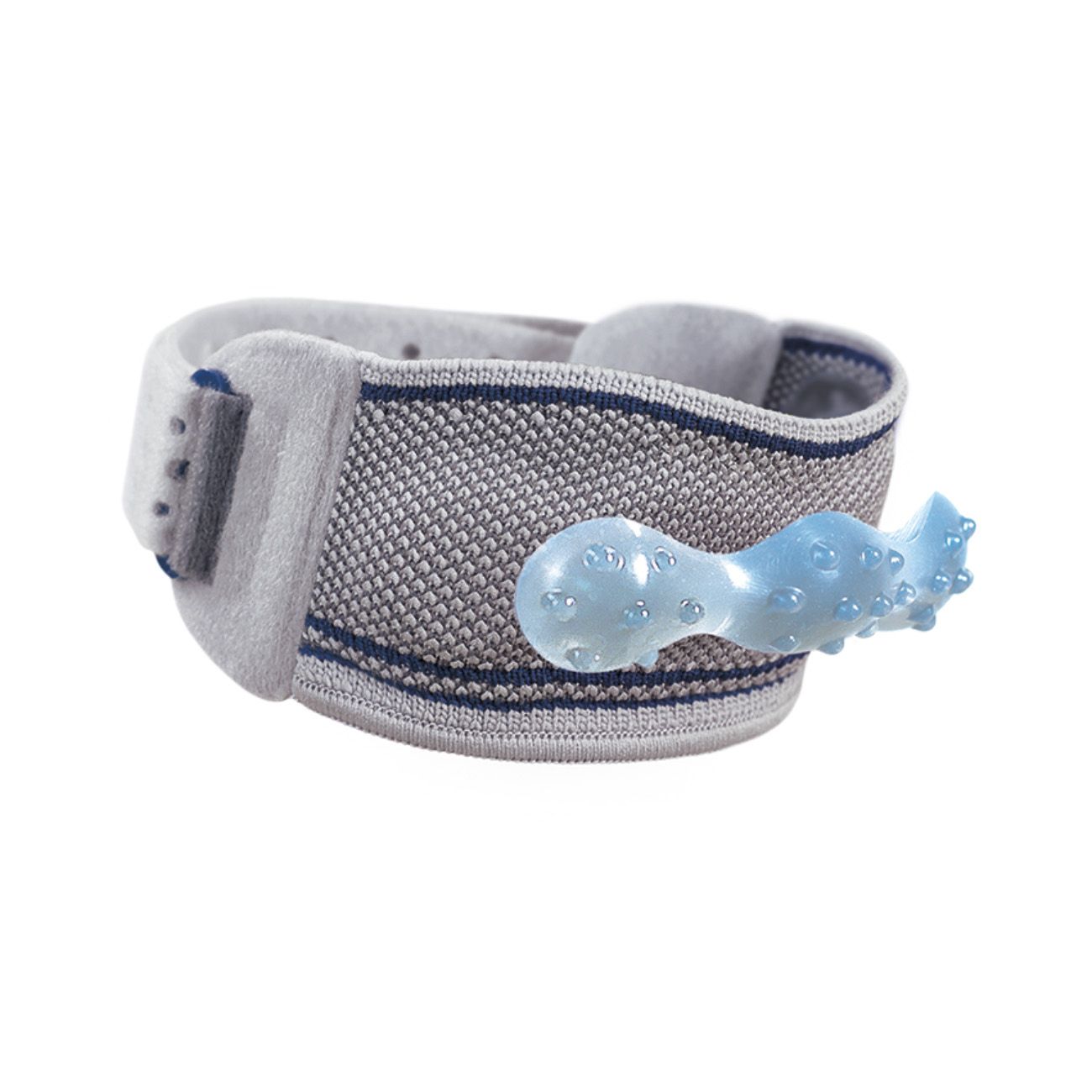 Kniebandage, hellgrau mit blauen Akzenten und Massagekissen. Klettverschluss.