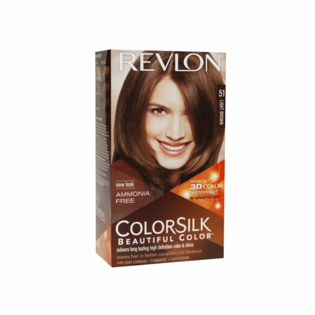 Revlon Colorsilk Packung. Aufdruck: 51 Light Brown, Ammonia Free. Abbildung einer Frau mit braunen Haaren. Produktverpackung.