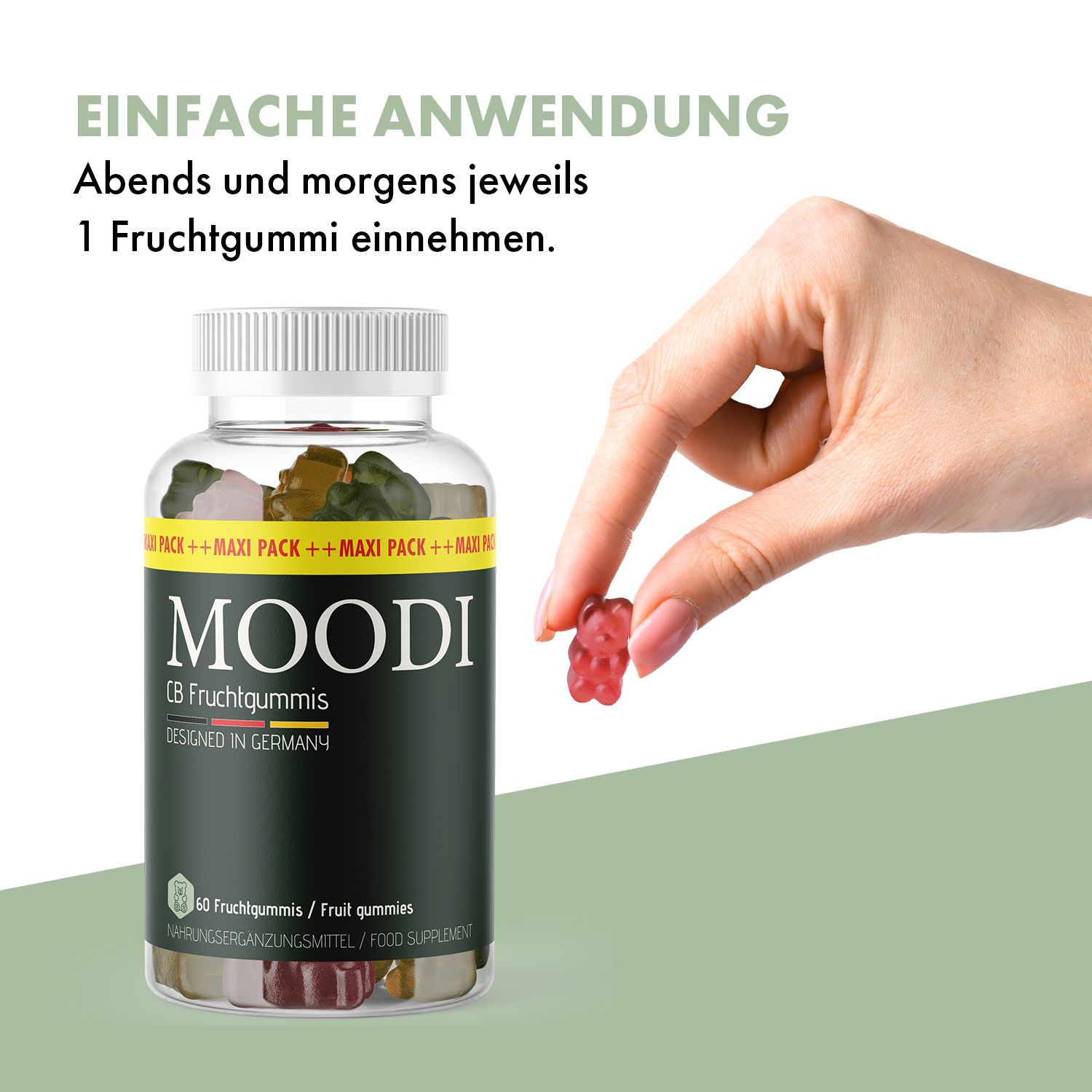 Hand nimmt rotes Gummibärchen aus Flasche Moodi CB Fruchtgummis. Text: Einfache Anwendung.