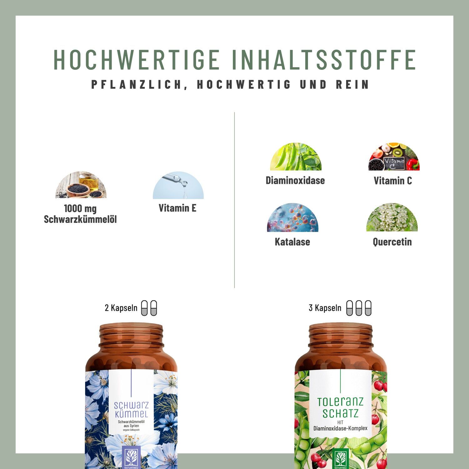 Infografik mit Inhaltsstoffen: 1000 mg Schwarzkümmelöl, Vitamin E, Diaminoxidase, Katalase und Quercetin. Zwei Flaschen mit Kapseln.