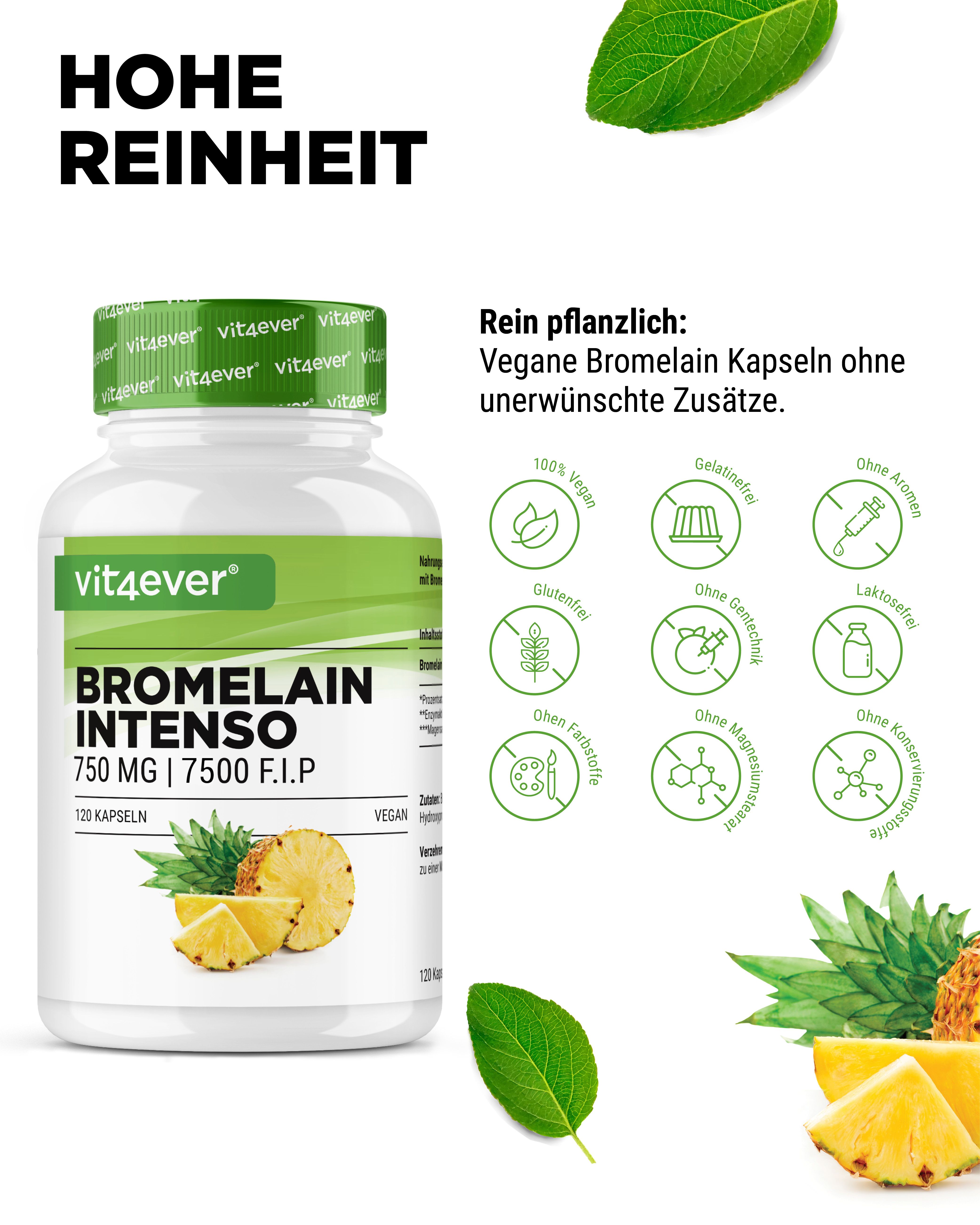 Weißes Flaschendesign mit grünem Etikett. Aufschrift: Bromelain Intenso 750 mg | 7500 F.I.P. 120 Kapseln. Vegan. Ananas-Illustration. Symbole.