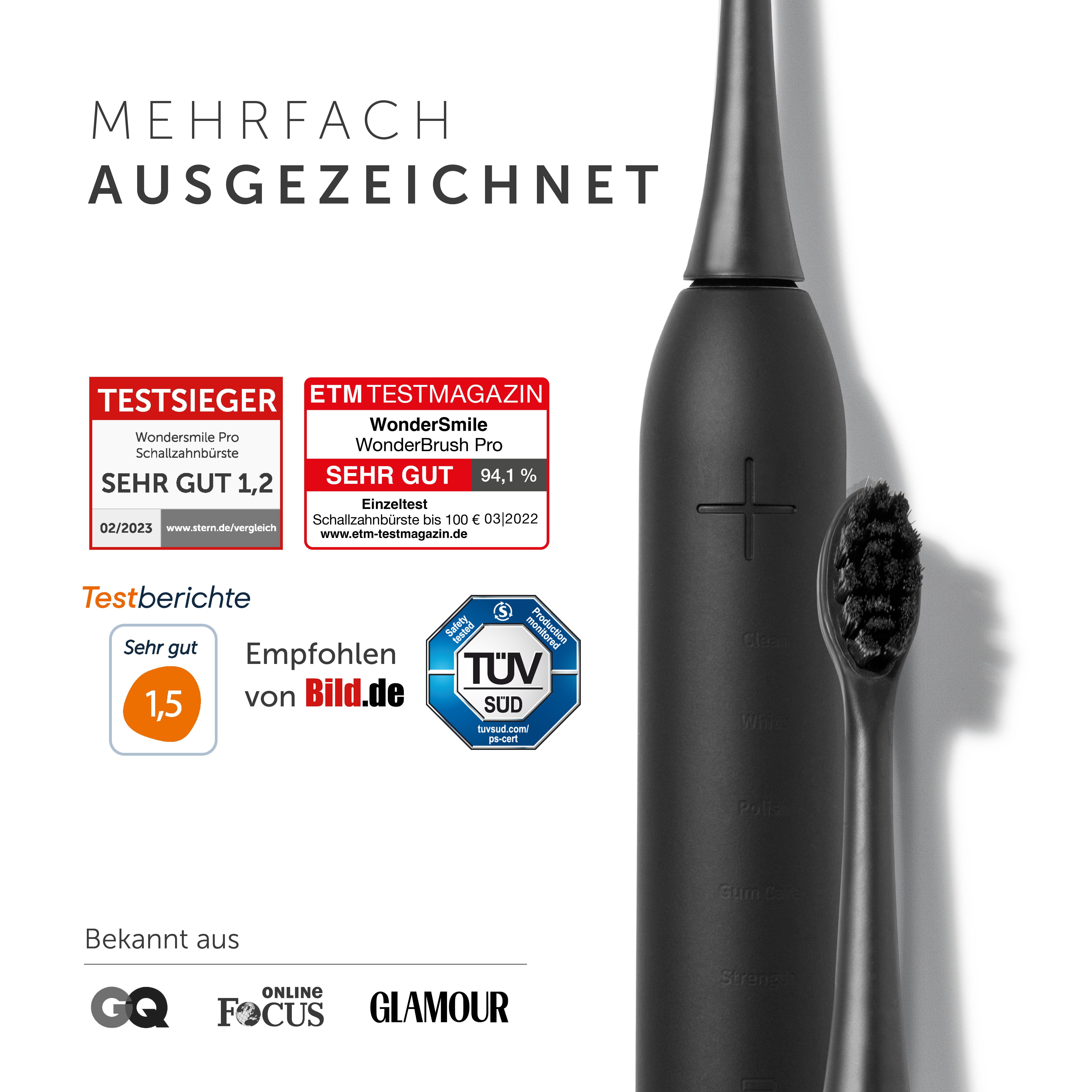 Schwarze elektrische Zahnbürste mit Bürstenkopf. Mehrfach ausgezeichnet. Logos von Testmagazinen und Auszeichnungen.