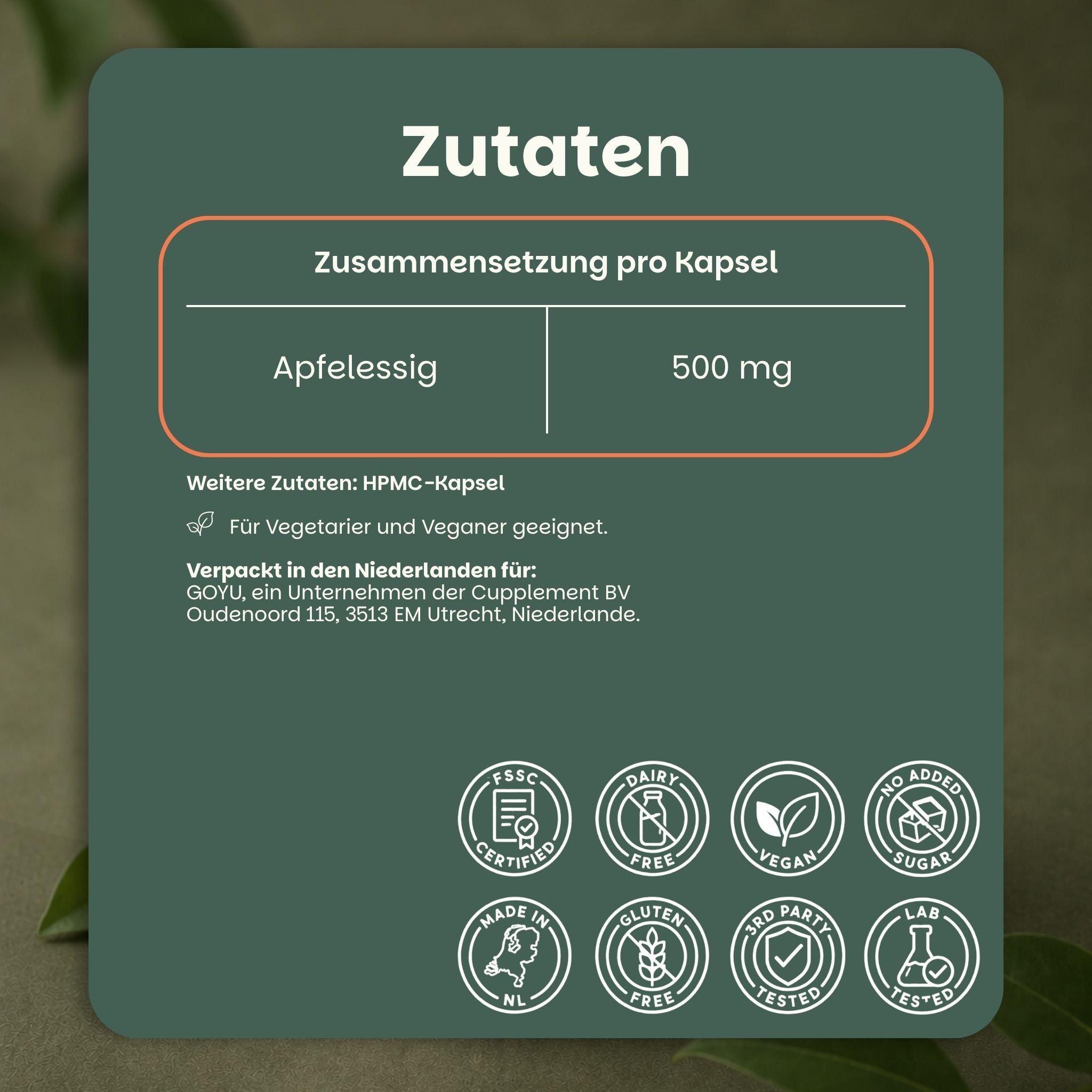 Verpackung mit Apfelessig-Kapseln und Informationen zu Inhaltsstoffen und Vorteilen.