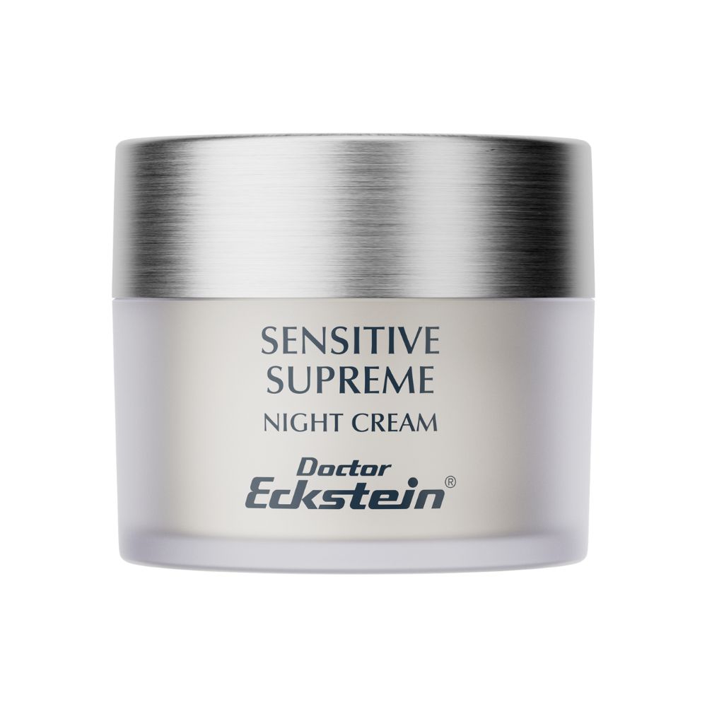 Creme-Tiegel mit silbernem Deckel. Aufschrift: SENSITIVE SUPREME NIGHT CREAM. Darunter: Doctor Eckstein.