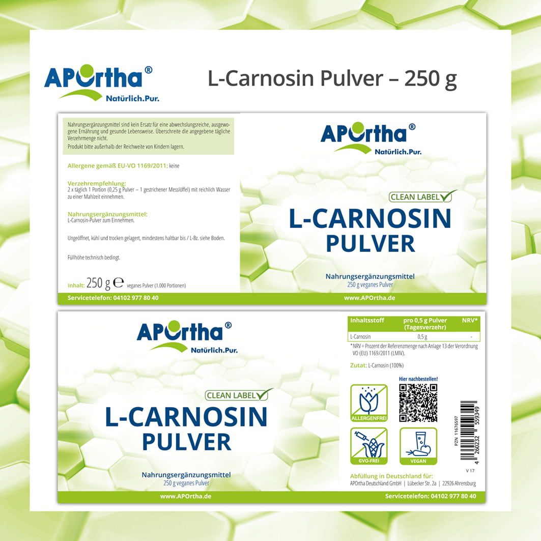 Zwei Etiketten von L-Carnosin Pulver. Aufschrift: Nahrungsergänzungsmittel. Informationen zu Inhaltsstoffen und Anwendung.