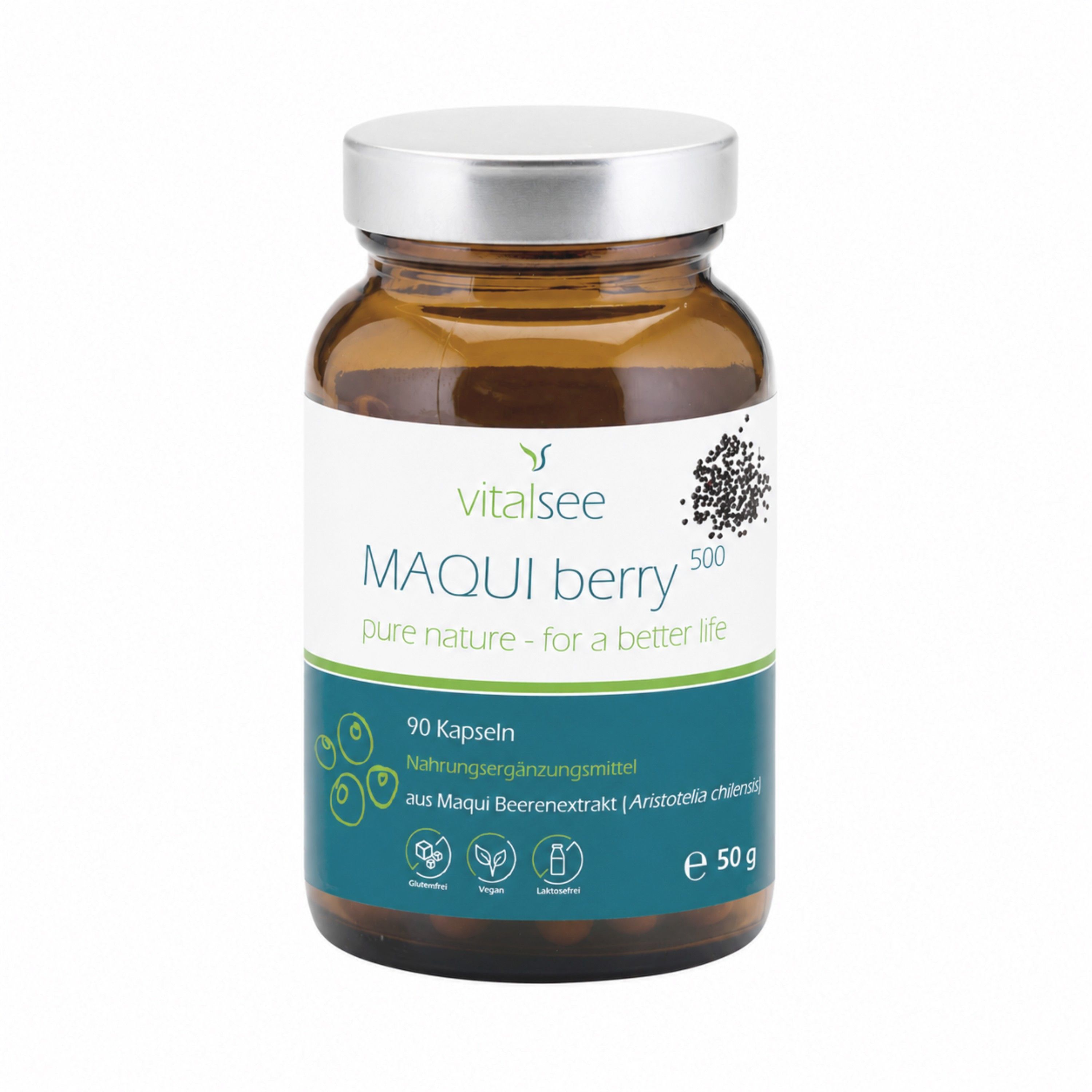 Braune Glasflasche mit weißem Etikett. Text: Vitalsee MAQUI berry 500. 90 Kapseln, 50g.
