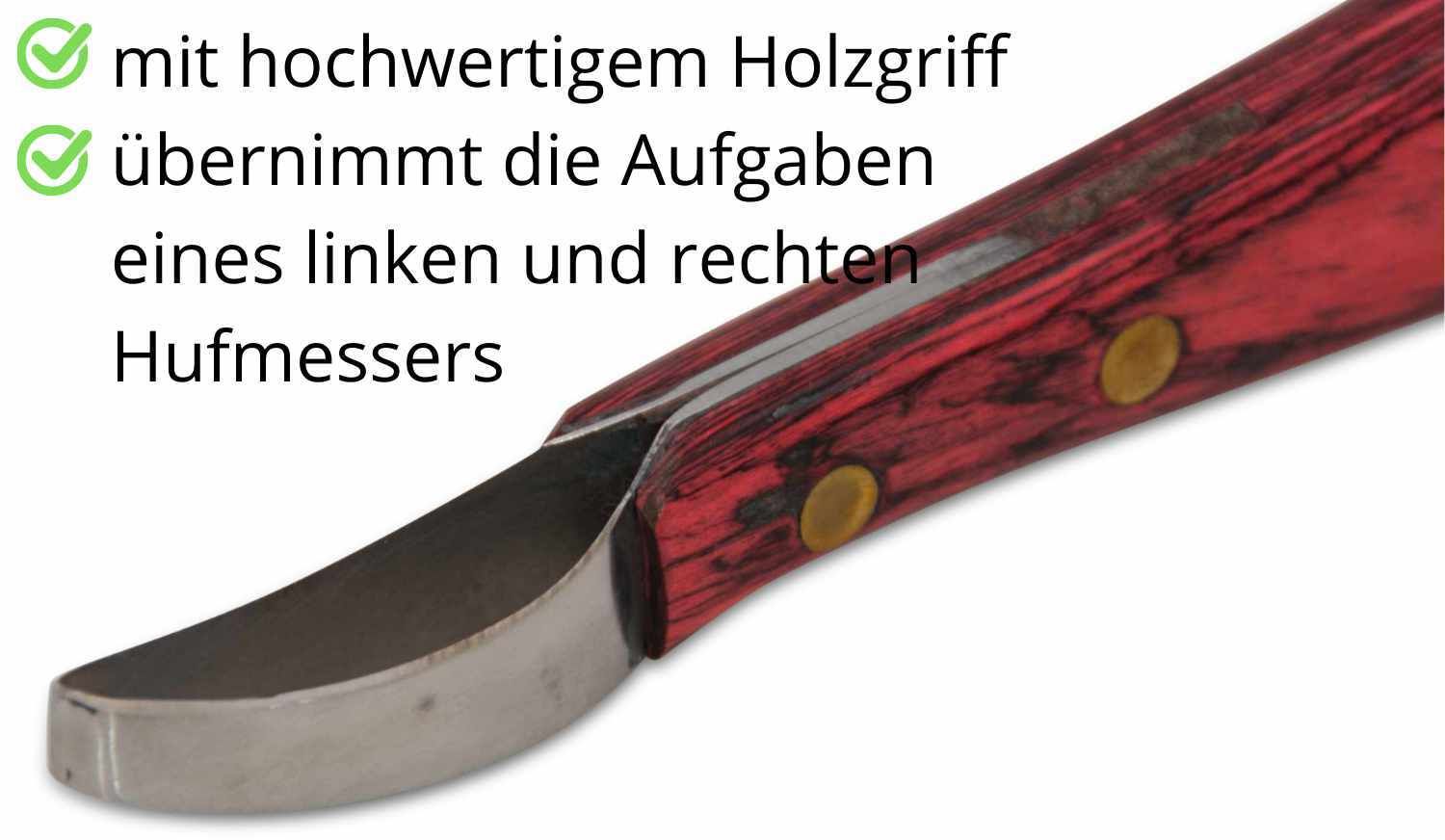 Nahaufnahme des Hufmessers. Roter Holzgriff, Metallklinge. Text: "mit hochwertigem Holzgriff".