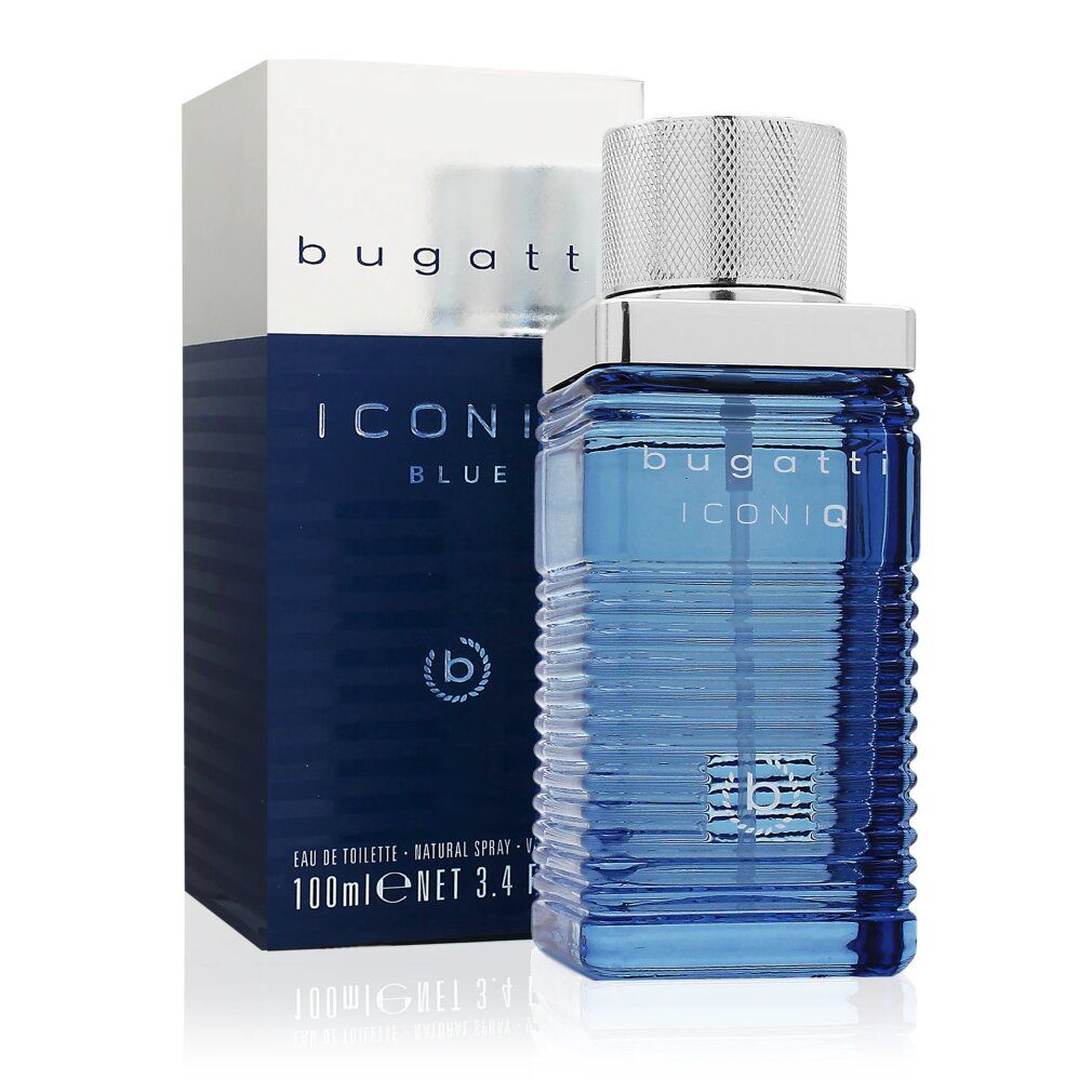 Bugatti Iconiq Blue EdT. Flakon und Verpackung. Flakon blau, eckig, silberner Deckel. Verpackung blau, weißer Schriftzug.