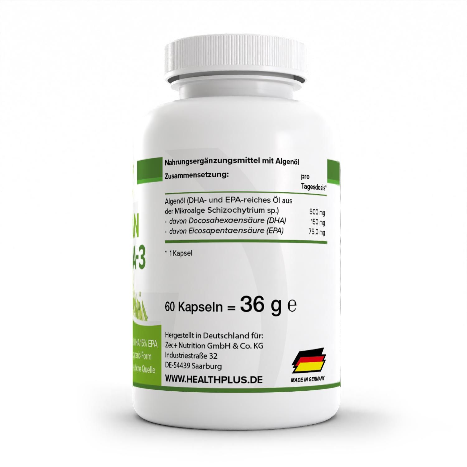 Rückseite der weißen Flasche. Enthält Informationen zur Zusammensetzung und Hersteller. 60 Kapseln = 36 g. Hergestellt in Deutschland.