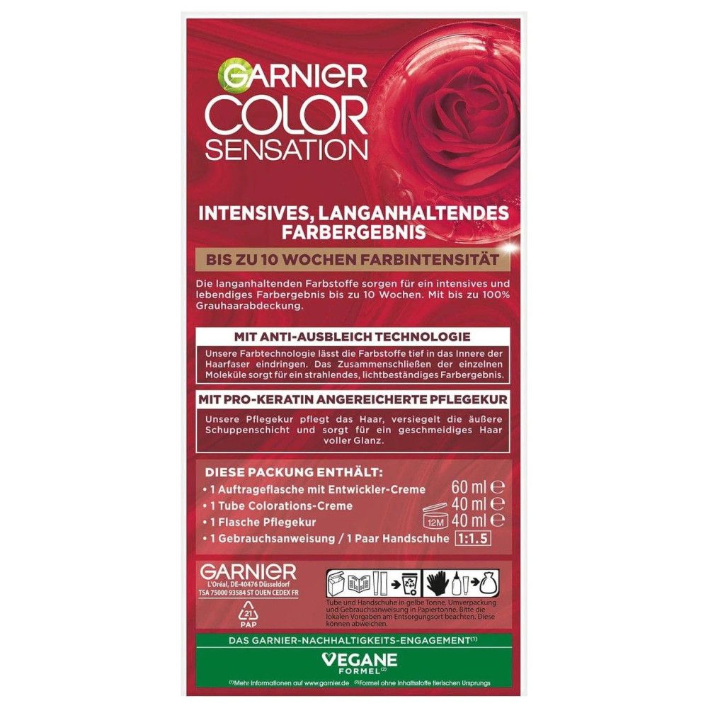 Garnier Color Sensation Packung. Enthält: Auftrageflasche, Colorations-Creme, Gebrauchsanweisung, Handschuhe. Text mit Inhaltsangaben.