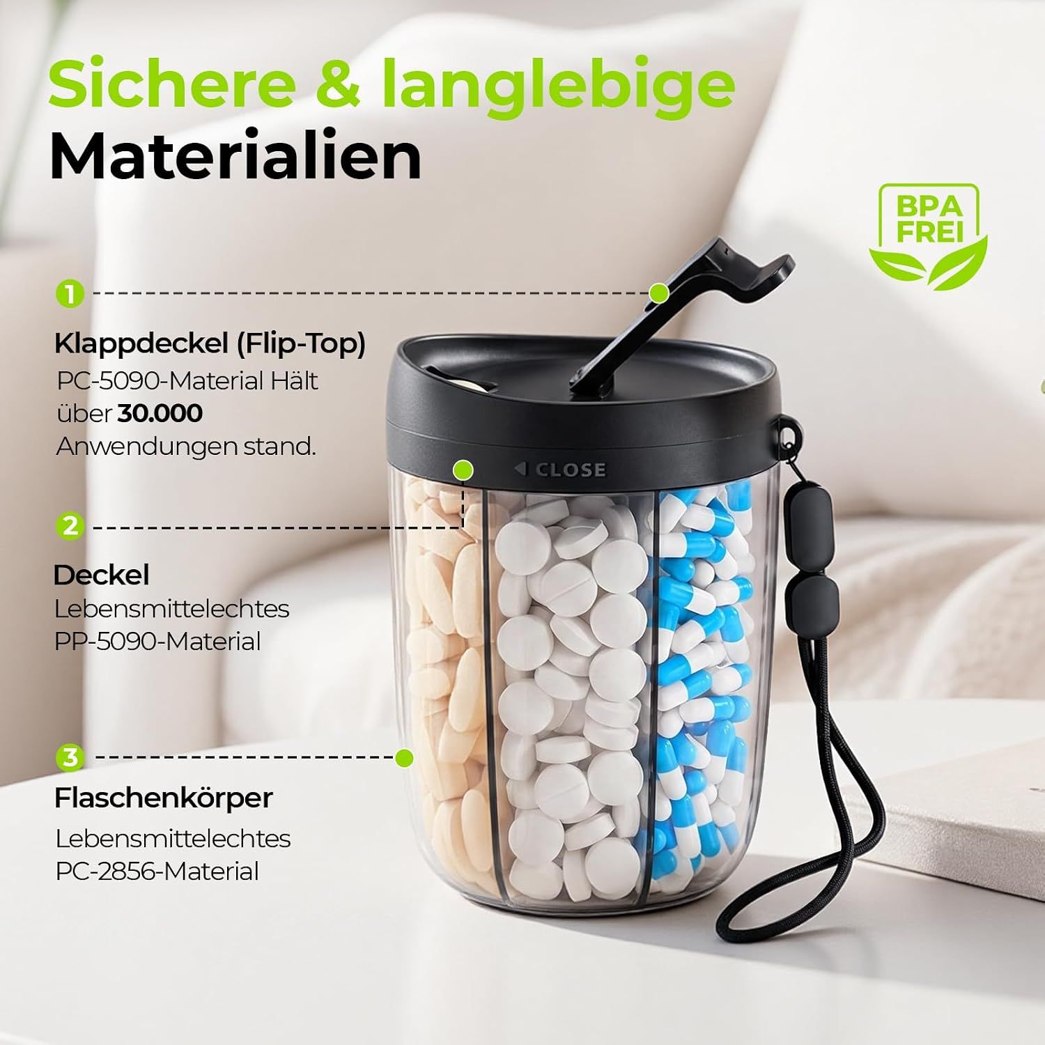 BPA-freier Pillenbehälter mit Flip-Top-Deckel, unterteilt für verschiedene Pillen.
