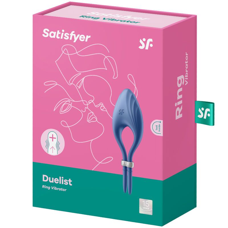 Verpackung von Satisfyer Duelist Ringvibrator. Rosa Box mit Produktabbildung und Produktnamen. Logo und Text.