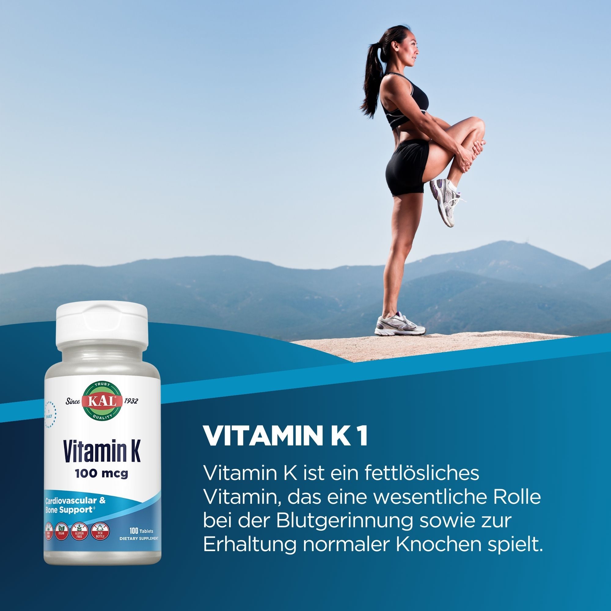 Vitamin K 100 mcg Flasche. Frau beim Dehnen. Text: Vitamin K 1, fettlösliches Vitamin. Unterstützung für Knochen.