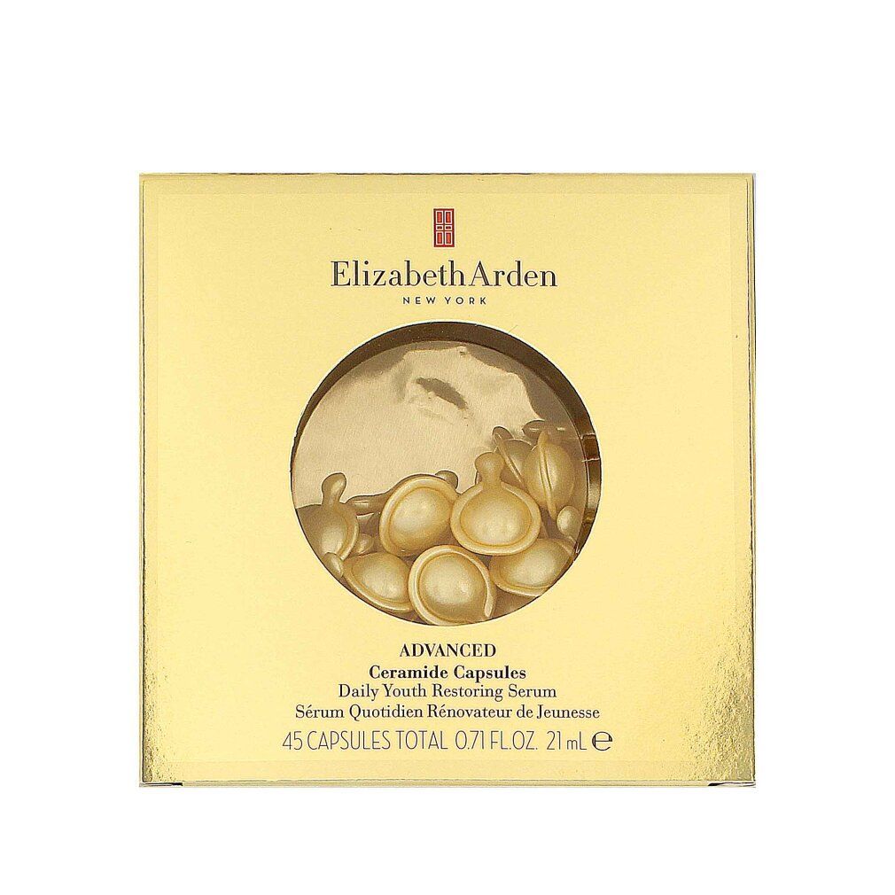 Goldene Schachtel mit Ceramide Kapseln. Aufschrift: Elizabeth Arden, Advanced Ceramide Capsules, 45 Capsules Total, 21 ml.