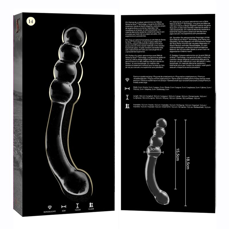 Verpackung und Borosilikatglas-Dildo mit Maßen: Gesamtlänge 18,5 cm, nutzbare Länge 15,5 cm, Durchmesser 3 cm.