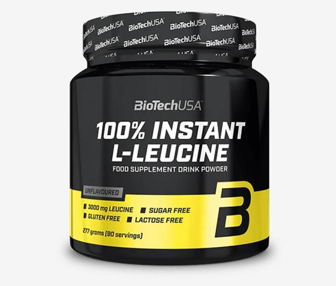 Schwarzes Supplement-Behälter mit gelbem Etikett. Aufschrift: 100% Instant L-Leucin. Marke: BioTechUSA. Unflavored. 277 Gramm.