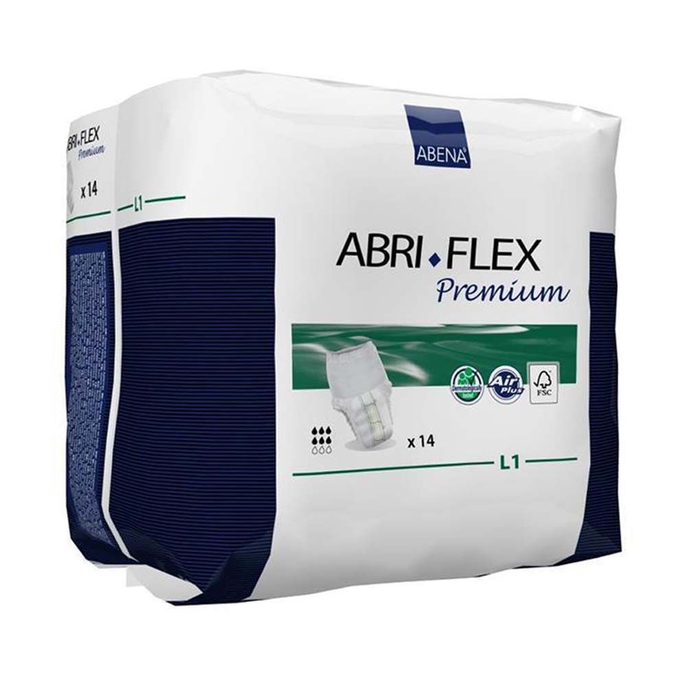 Abena Abri-Flex Premium L1, Packung. Weiß-blaue Verpackung mit Produktabbildung, Logos und FSC-Siegel.