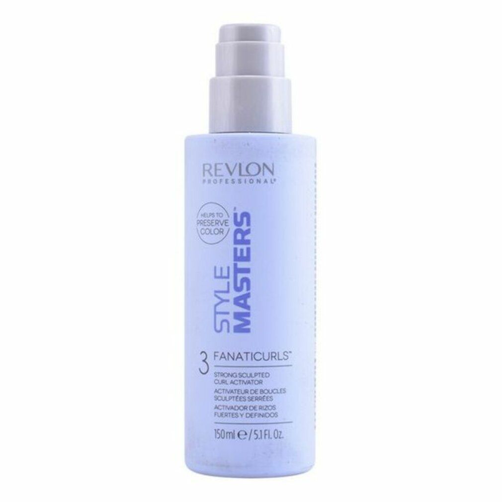 Hellblaues Produkt mit Pumpe. Aufschrift: Revlon Style Masters Fanaticurls. 150ml. Für coloriertes Haar.