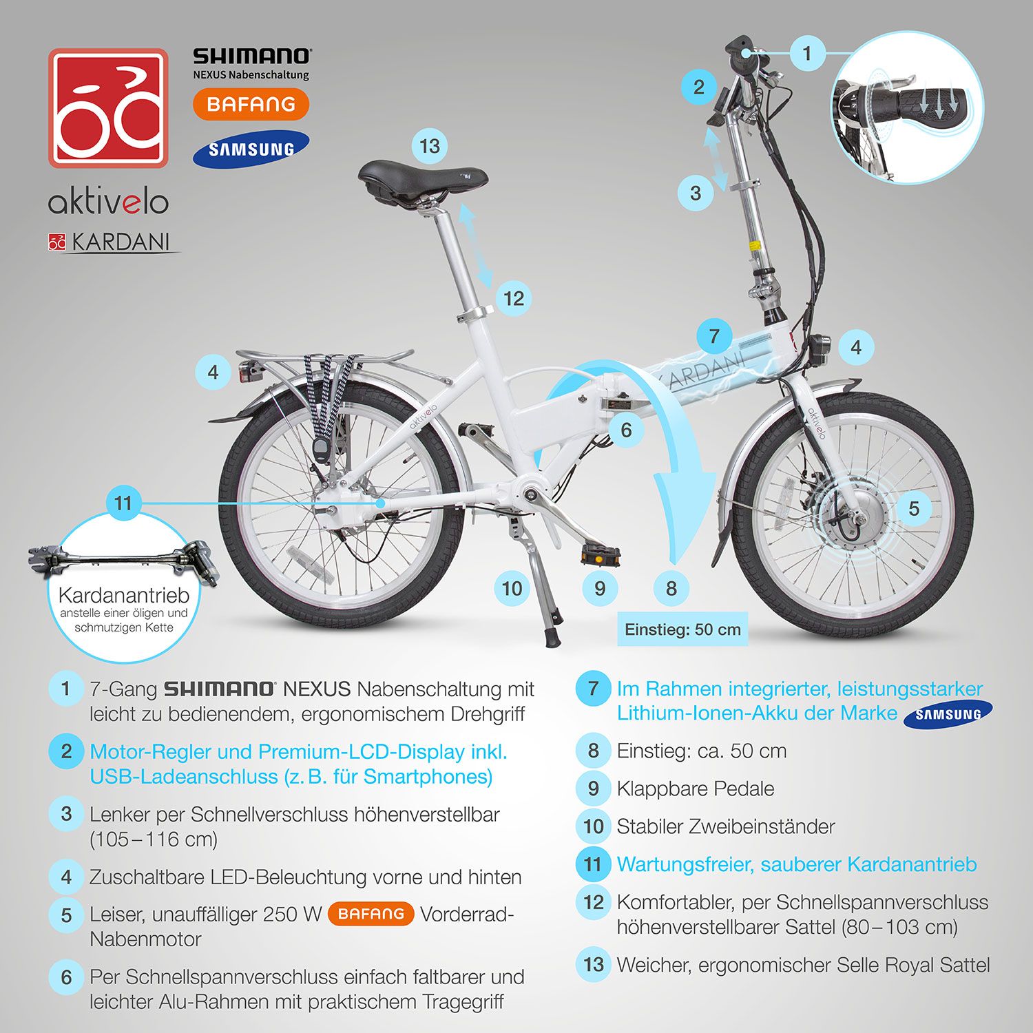 aktivelo Alu-Elektro-Faltrad »Kardani«, 20 Zoll, 7-Gang