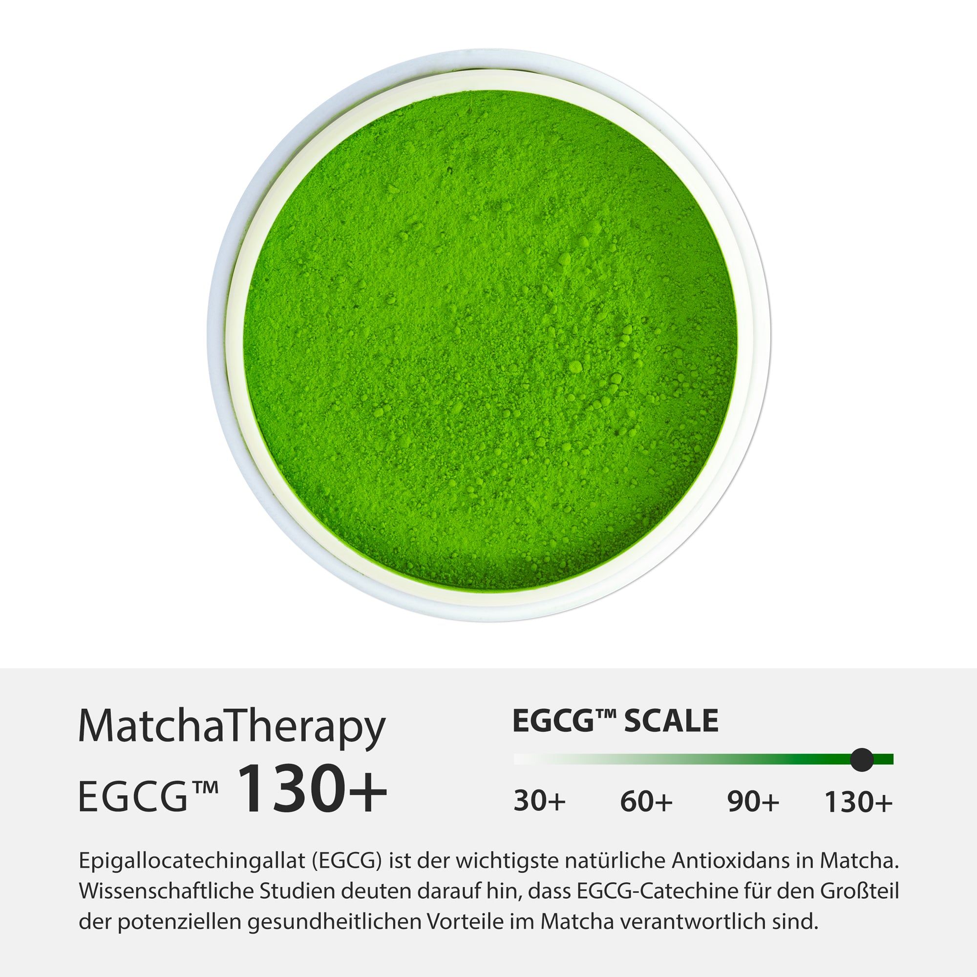 Draufsicht auf grünes Matcha-Pulver in einem weißen Behälter. Text: MatchaTherapy, EGCG™ 130+. EGCG-Skala von 30+ bis 130+.
