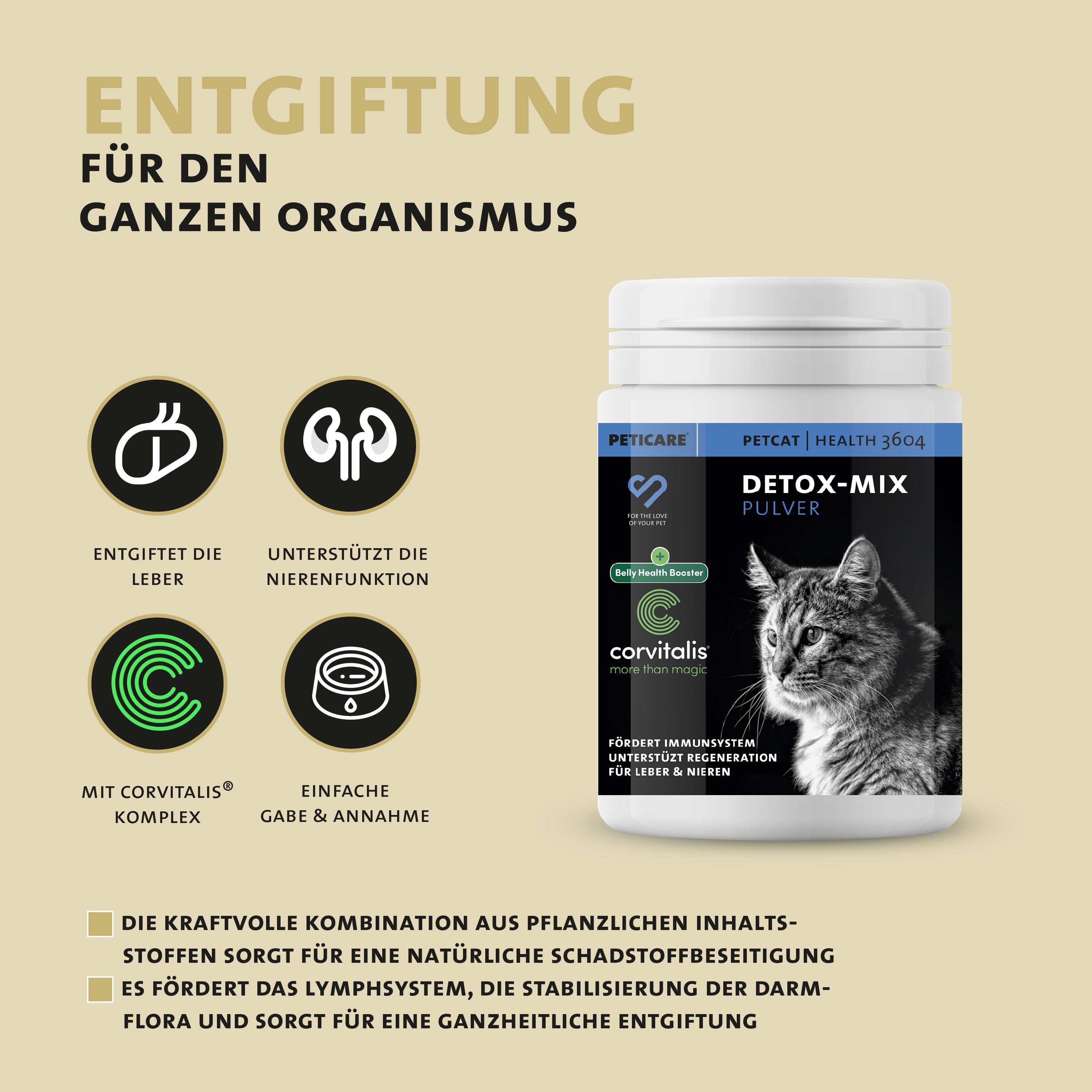 Produkt PETCAT HEALTH 3604. Dose mit Text. Text: Entgiftung für den ganzen Organismus. Mit Corvitalis Komplex.