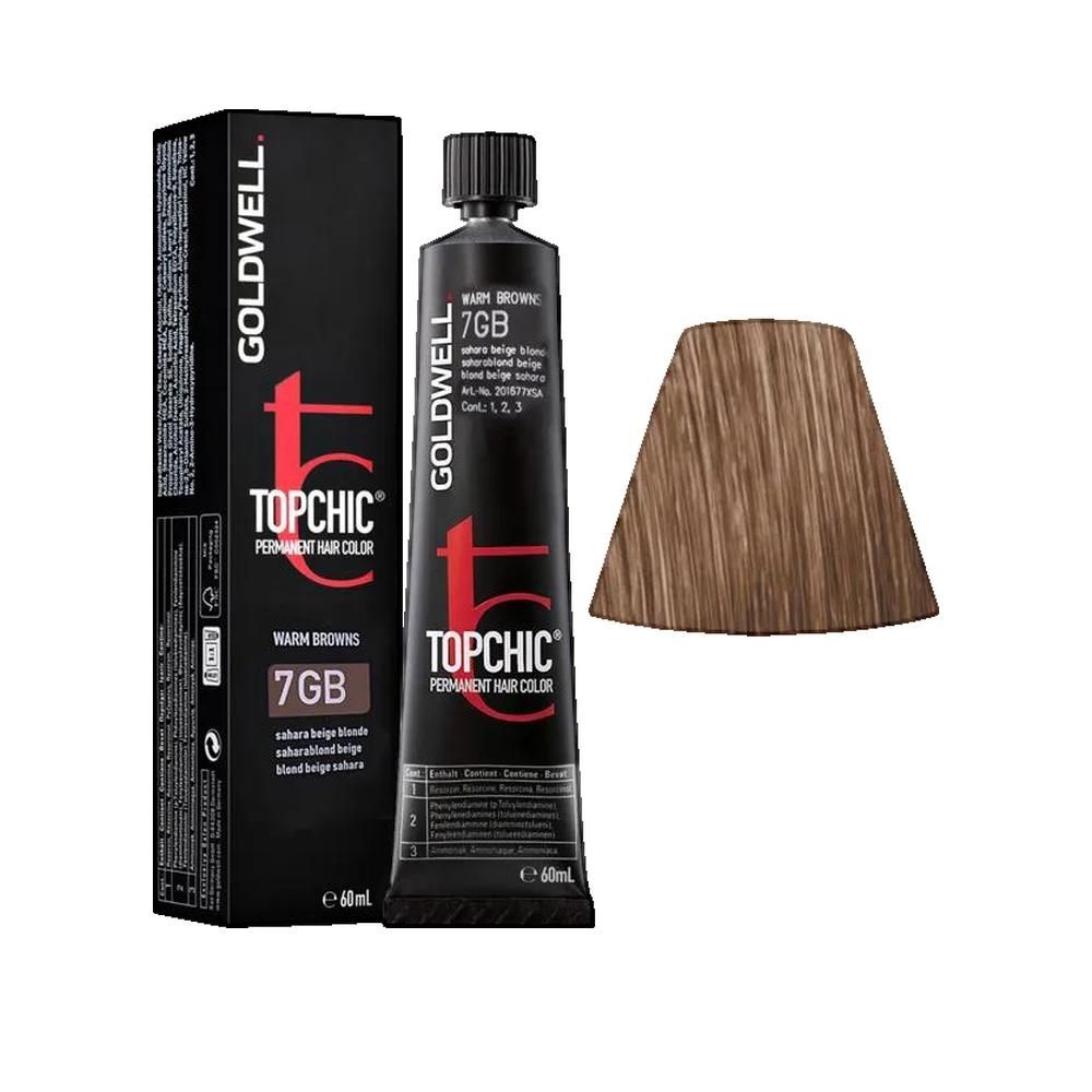 Goldwell Topchic Haarfarbe 7GB Beige Sahara. Tube und Schachtel mit Produktinformationen. Farbsträhne daneben.