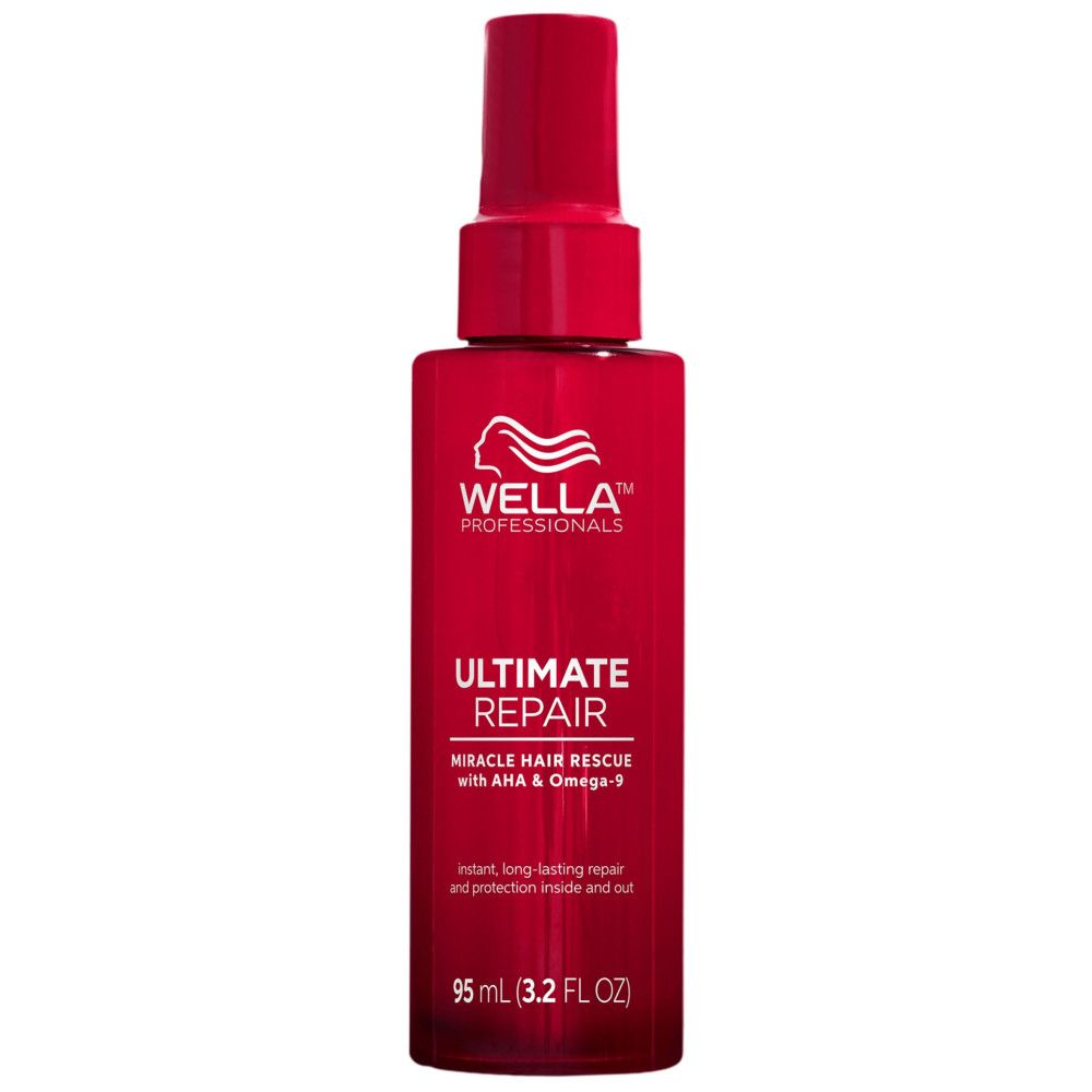 Rote Flasche mit Sprühkopf. Aufschrift: Wella Professionals Ultimate Repair Miracle Hair Rescue. Text: 95 ml (3.2 FL OZ).