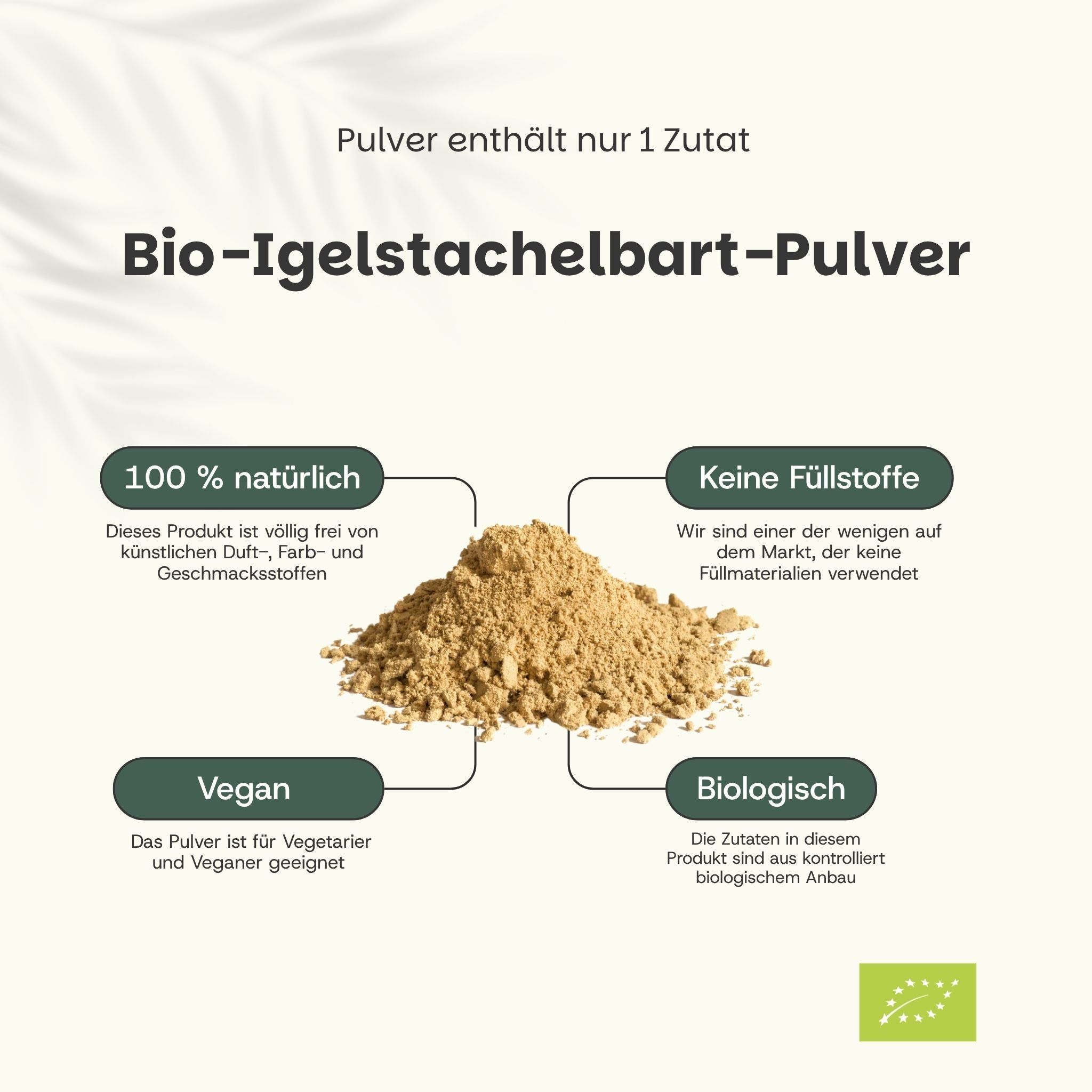 Text mit Pulverhaufen. Text: Bio-Igelstachelbart-Pulver. 100% natürlich, keine Füllstoffe, vegan, biologisch.