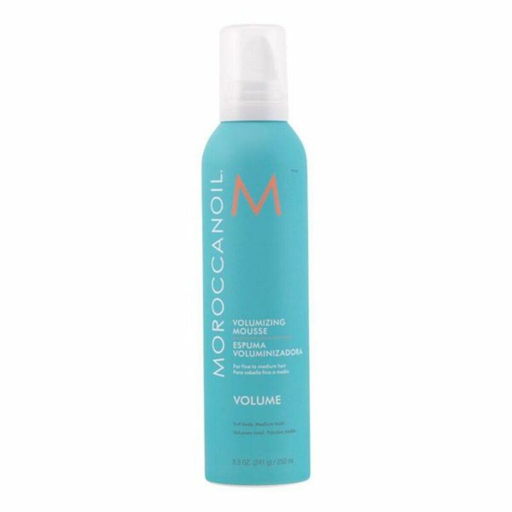 Türkisfarbene Flasche mit weißem Sprühkopf. Aufschrift: Moroccanoil, Volume Volumizing Mousse. 250 ml.