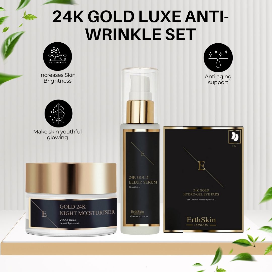 Hautpflege-Set mit Creme, Serum und Augenpads. Schwarze Etiketten mit goldener Schrift. '24K Gold' und 'ErthSkin London' sichtbar.