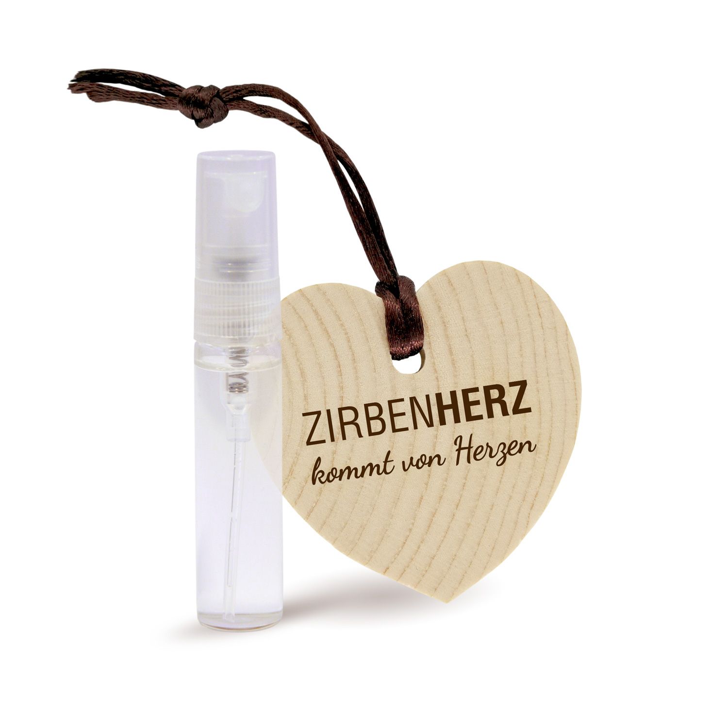 Holzherz-Anhänger mit Text und Sprühflasche. Anhänger mit braunem Band. ZirbenHerz-Set.