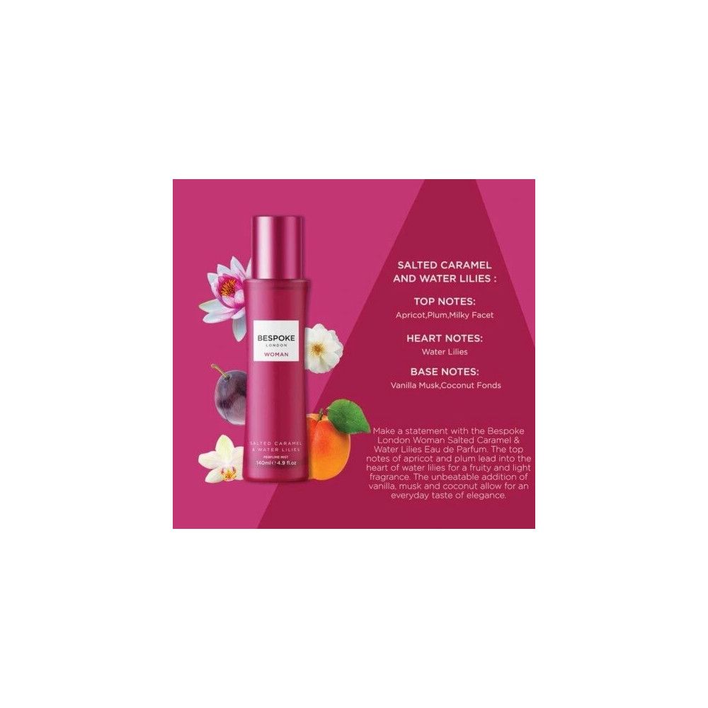 Rosa Flasche mit Bespoke London-Etikett, umgeben von Früchten und Blumen. Text: Salzkaramell und Wasserlilien.