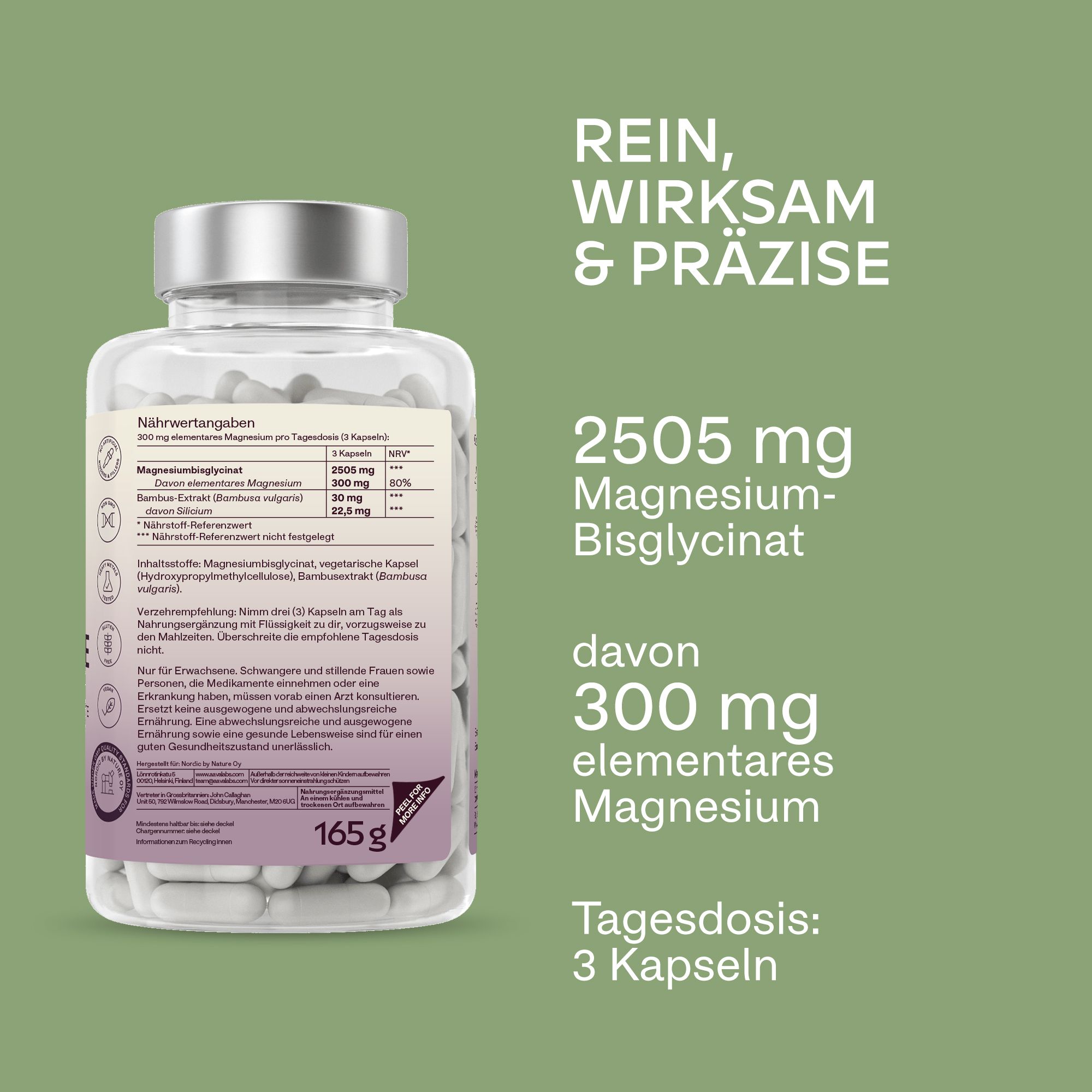 Rückseite der Flasche mit weißen Kapseln. Nährwertangaben und Inhaltsstoffe. 165 g. 3 Kapseln.