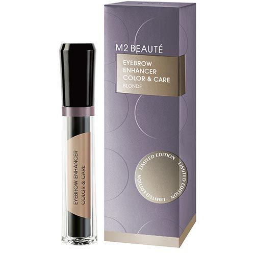 M2 Beauté Eyebrow Enhancer Color & Care, blonde. Flakon und Verpackung. Limited Edition. Schwarzer Deckel, transparente Hülse, blonde Farbe.