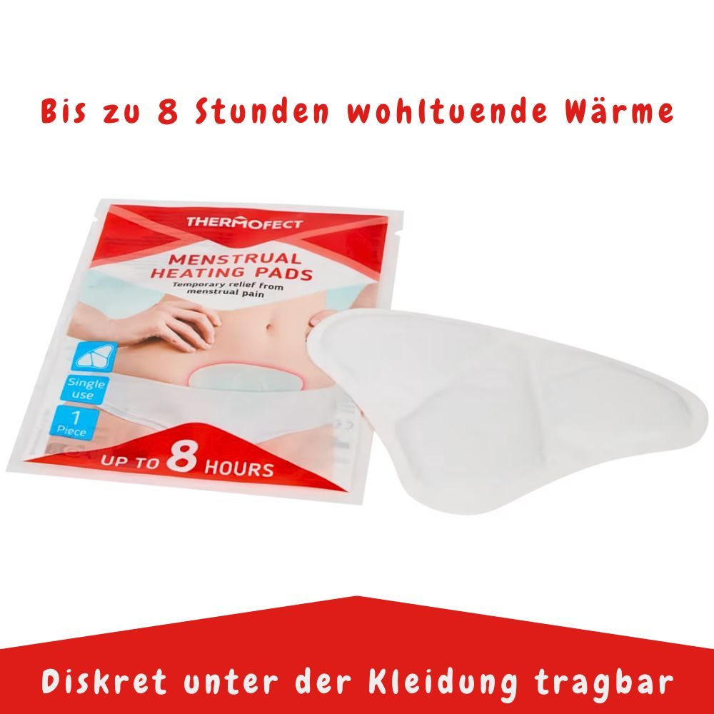 Produktverpackung und Wärmepad. Verpackung mit Produktname und Abbildung. Wärmepad in weißer Farbe.