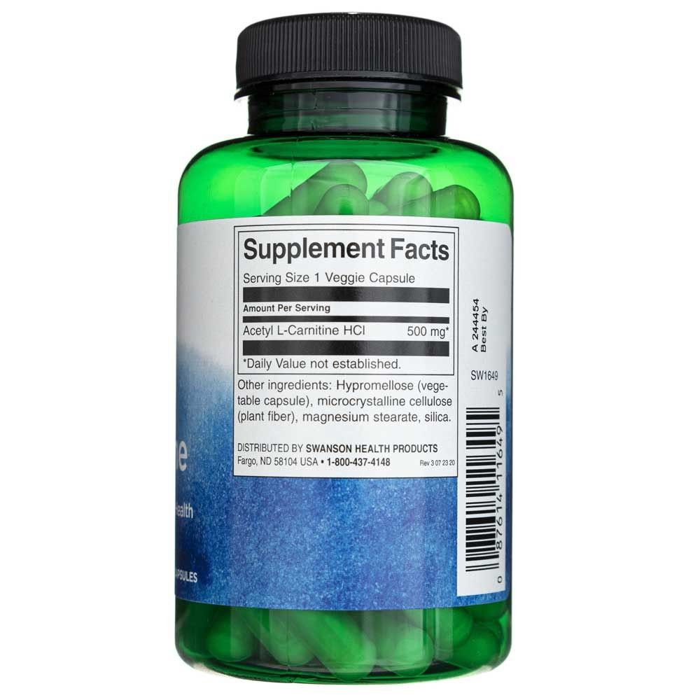 Rückseite einer Flasche Swanson Acetyl L-Carnitin mit Nährwertangaben und Inhaltsstoffen.