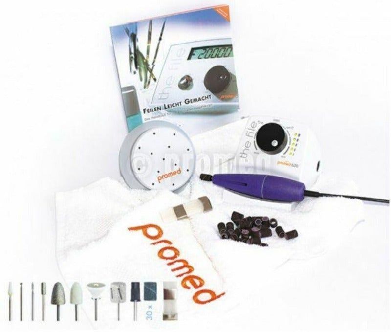 Maniküre-Pediküre-Fräser-Set. Enthält Fräser, Zubehör, Handstück, Bedienfeld, Handtuch und Verpackung. Marke: Promed.
